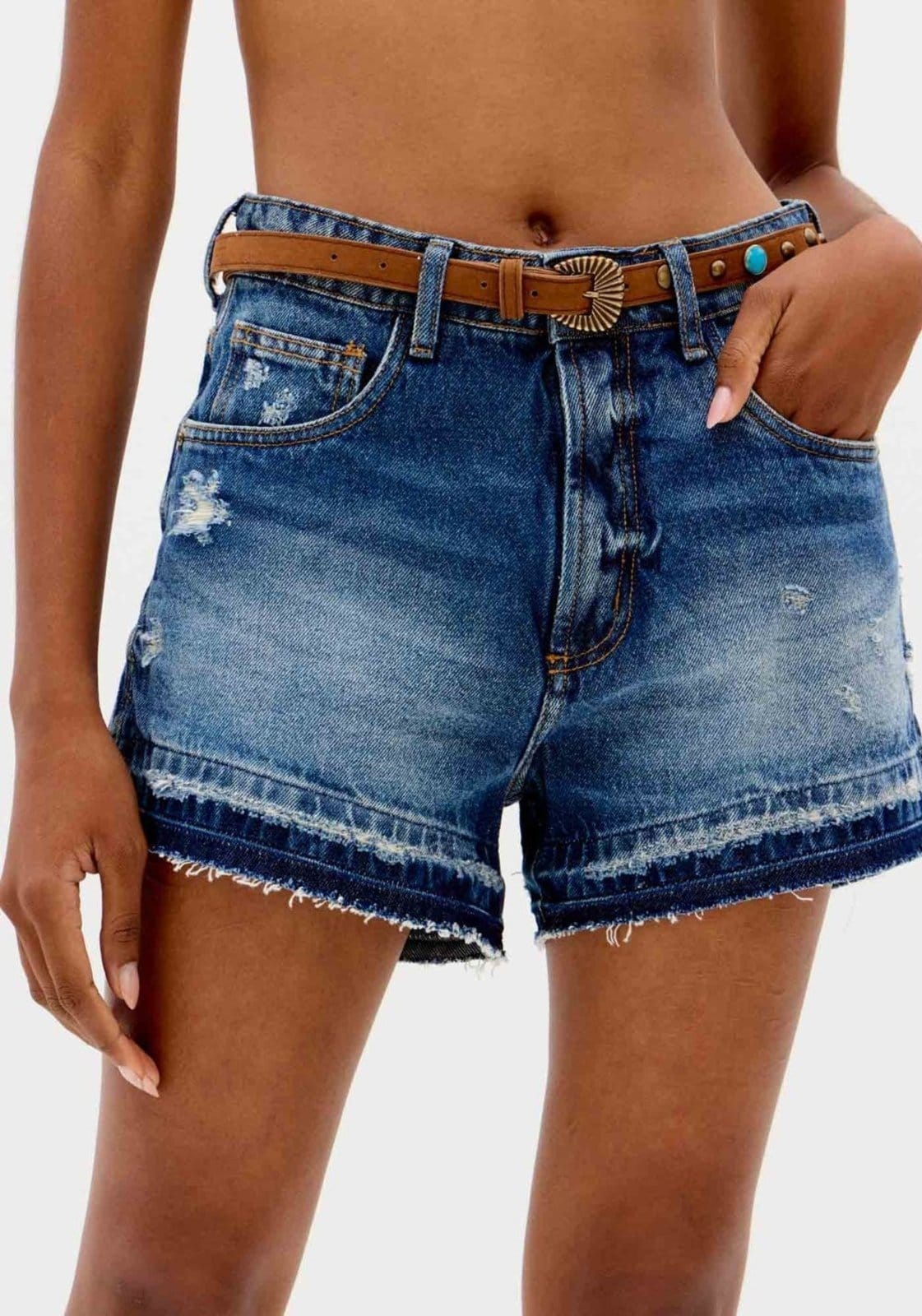 Vista 2 Short Jeans Grandfather Com Cintura Alta Lança Perfume azul