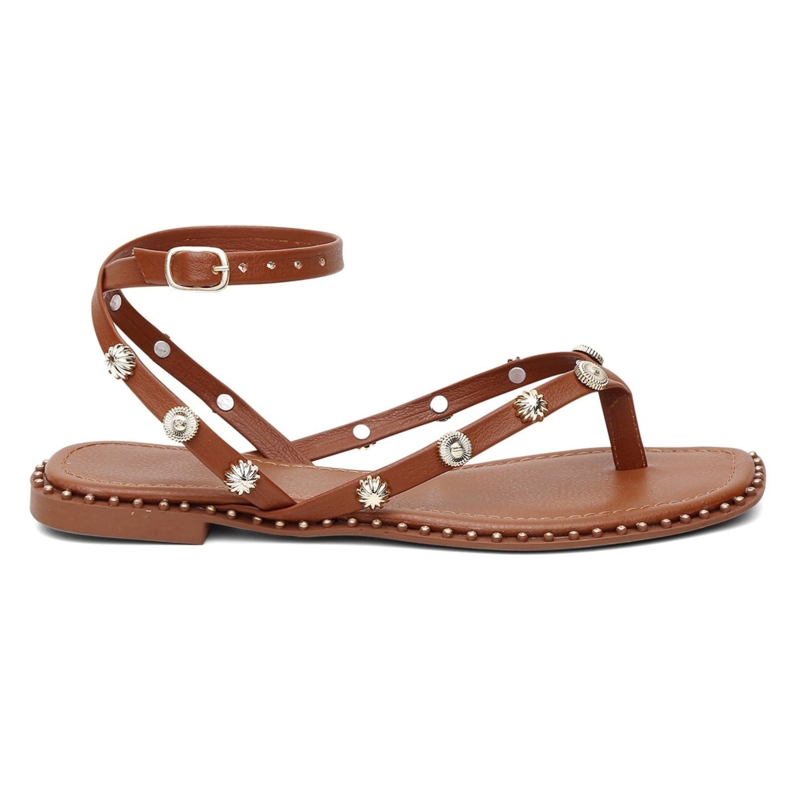 Vista 2 Sandália Feminina Rasteira Medalha Tachas Santa Rosa caramelo