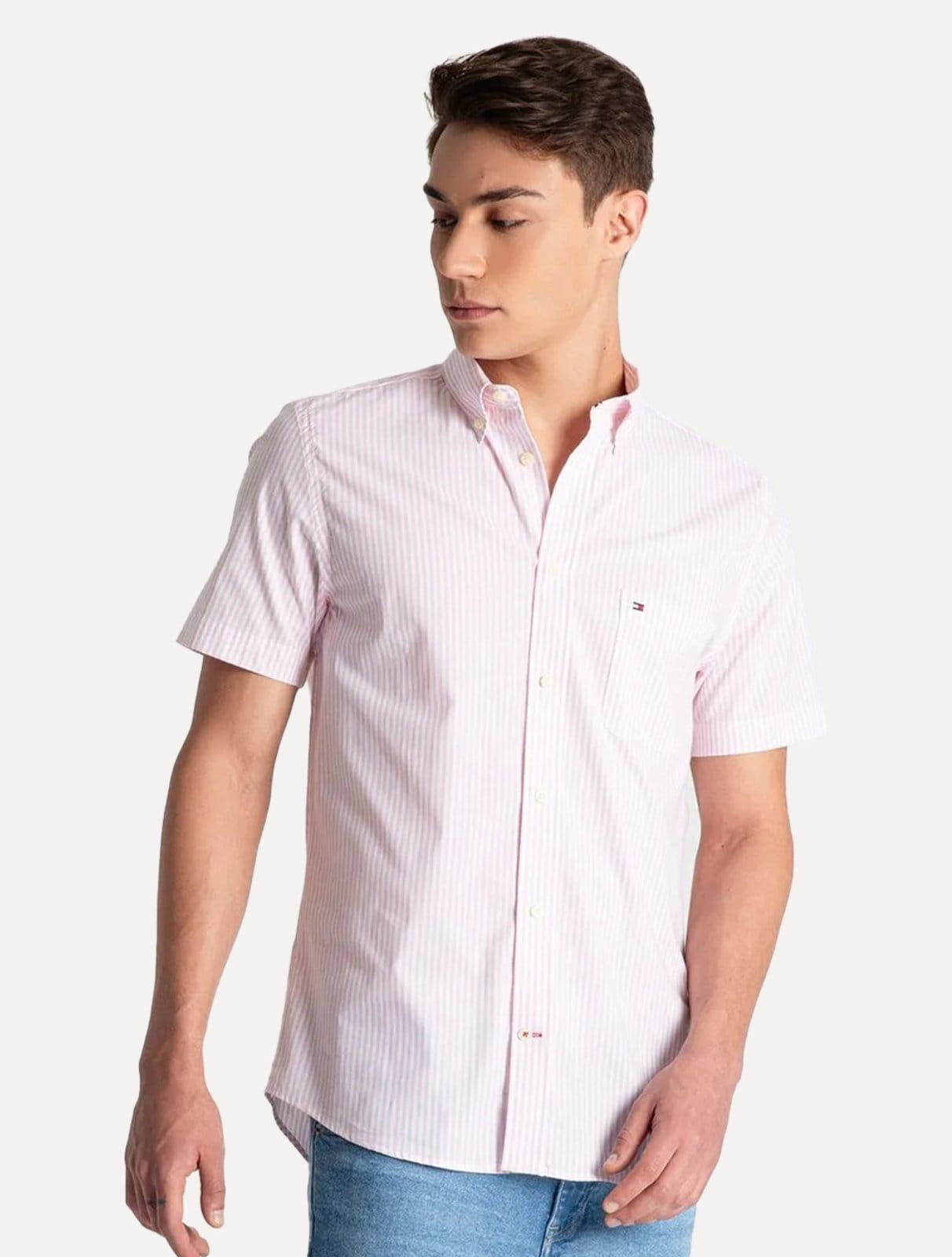 Camisa Tommy Hilfiger Masculina Manga Curta Regular Listrada Oxford Claro