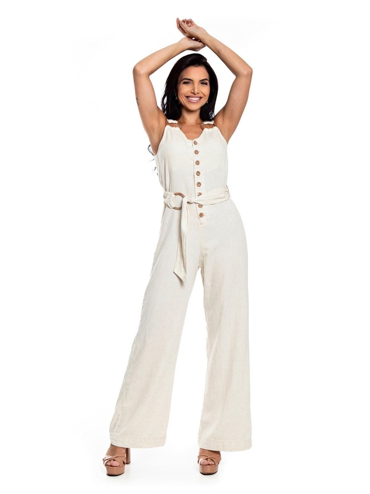 Vista 2 Macacão Restrito Jeans Pantalona de Linho Natural - BEGE Restrito Jeans bege natural