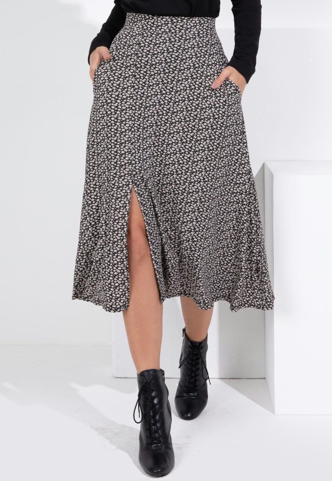 Saia Midi Com Bolsos E Fenda