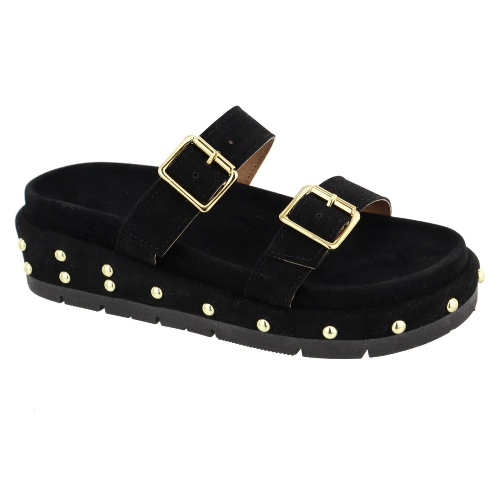 Sandália Papete Feminina Sola Alta Fivelas Camurça Preta