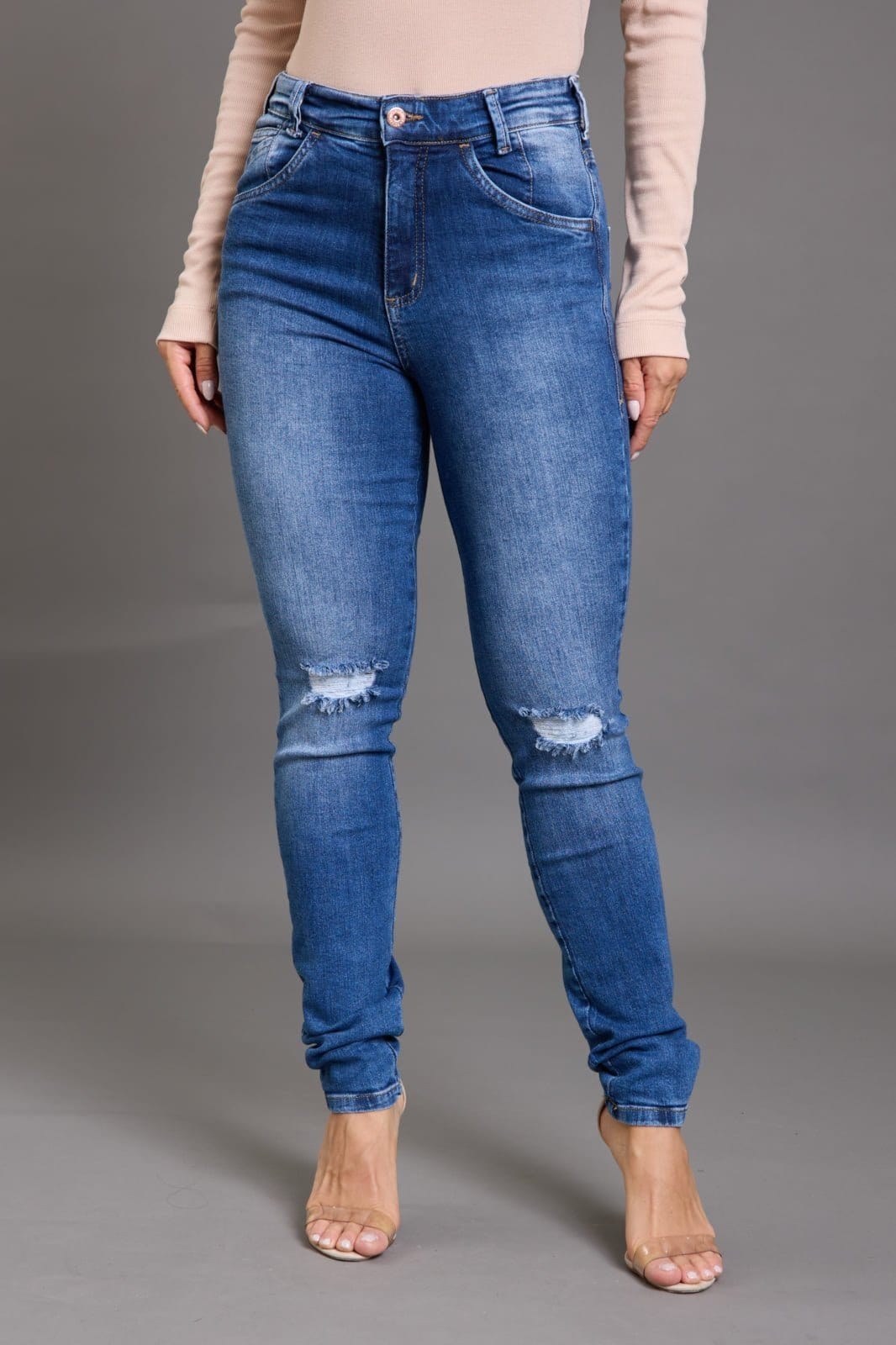 Calça Jeans Skinny Feminina com Rasgos Cintura Alta Lemier Collection