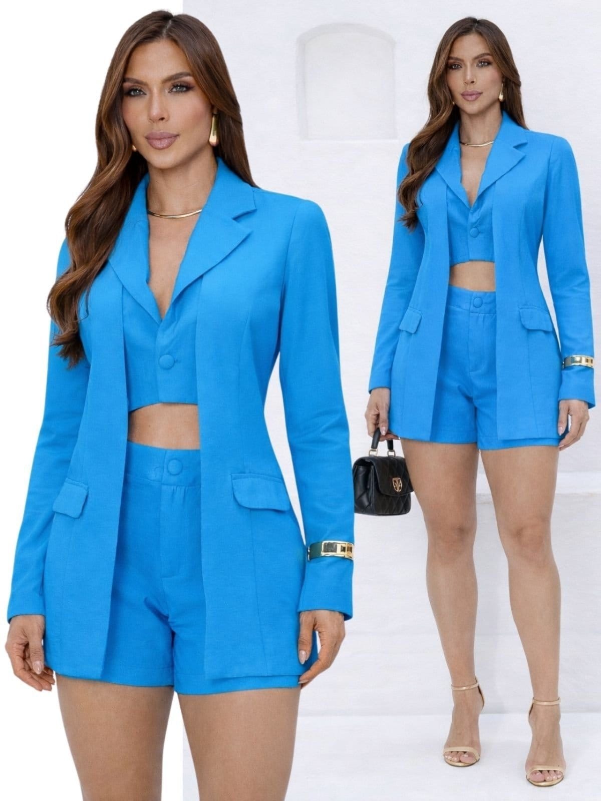 Vista principal Conjunto Feminino Tropical Fashion Blazer Colete Duplo Shorts Curto Elegante ALGARVE TROPICAL FASHION azul