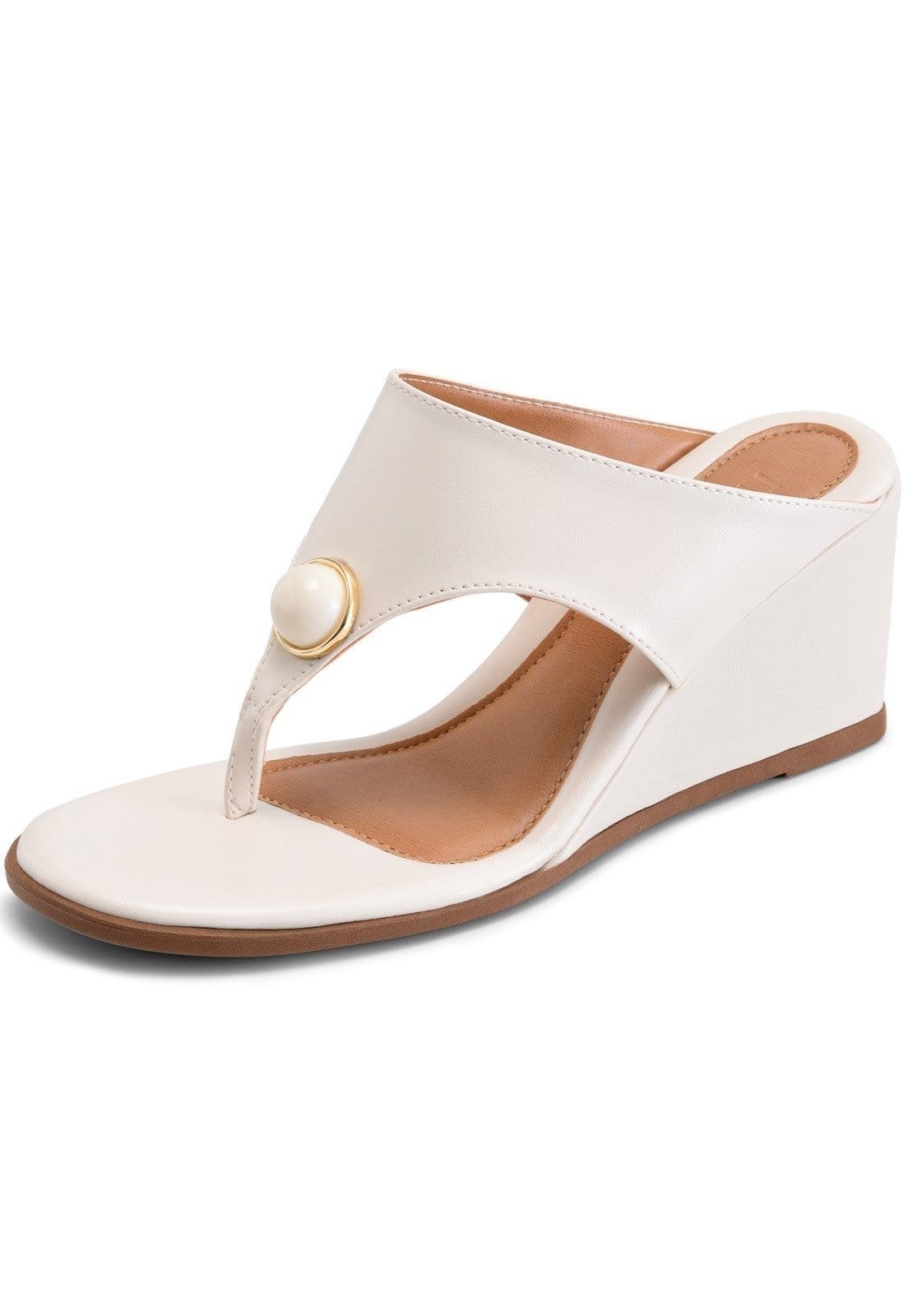 Sandália Feminina Lumiss Anabela De Dedo Bico Redondo Enfeite Esfera Off White