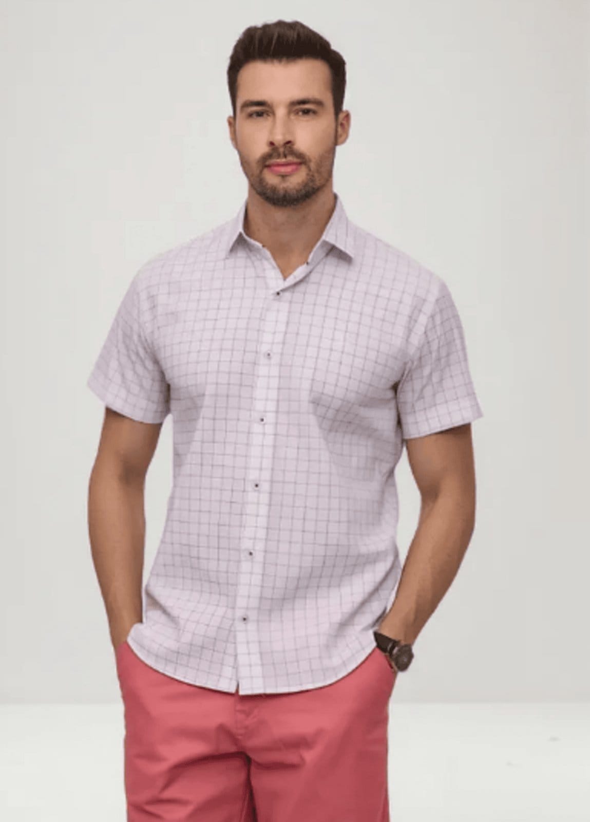 Vista 2 Camisa Social Amil Slim Xadrez Medit Misto Com Elastano Manga Curta Luxo Cor01 Amil branco