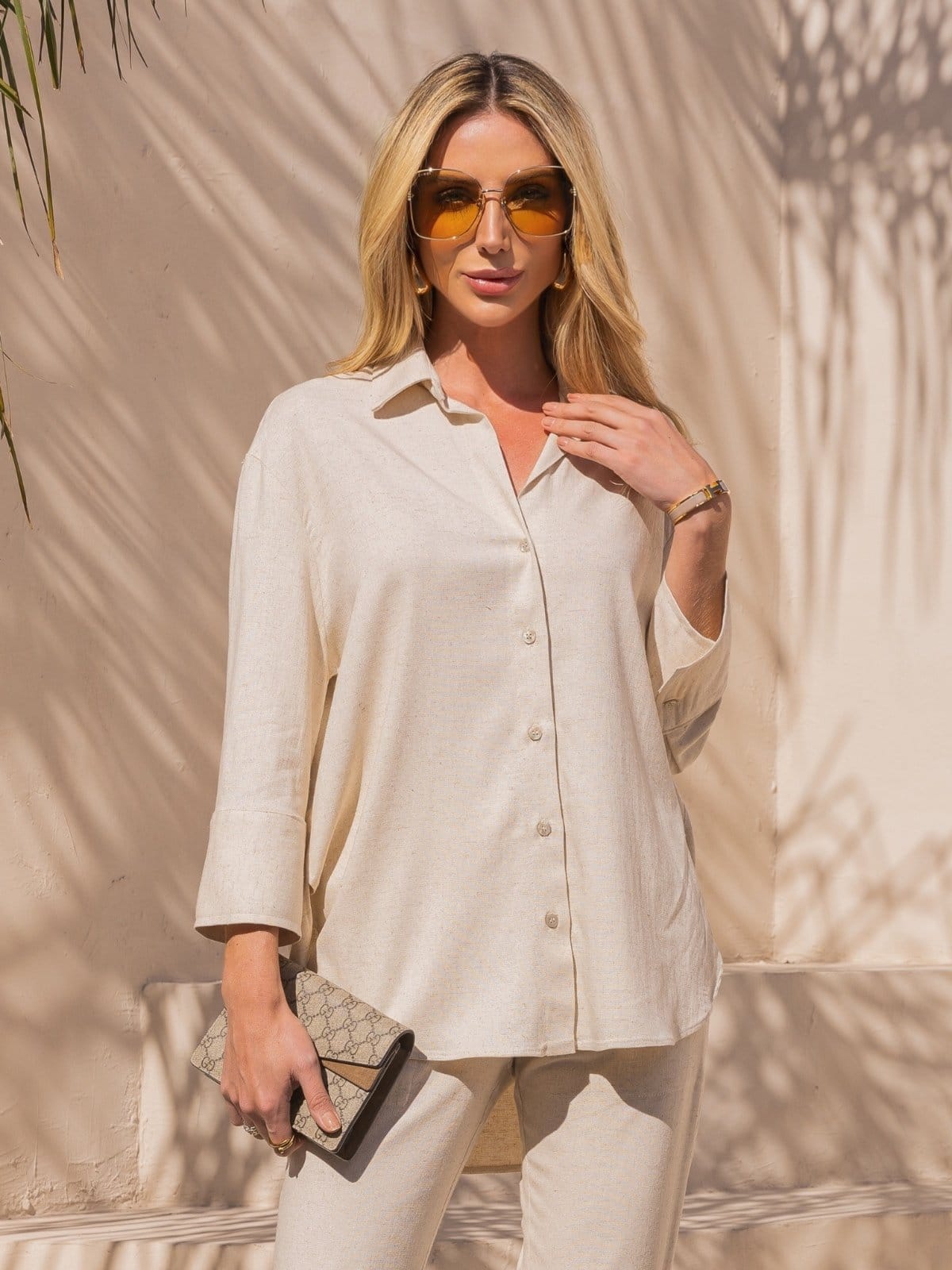 Camisa manga 7/8 linho Verona creme