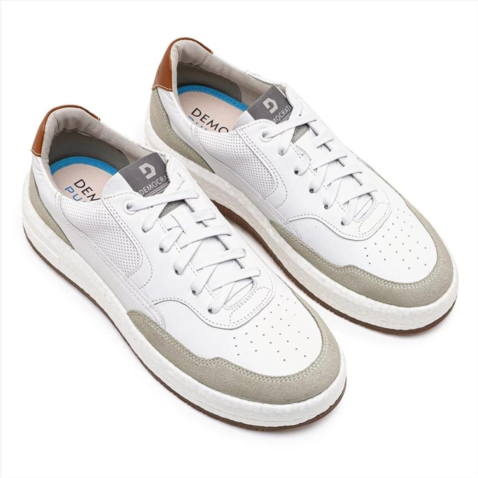 Vista 2 Tênis De Couro Democrata Masculino Denim Drake Pulse 600101 + Cinto Dupla Face DEMOCRATA branco denim