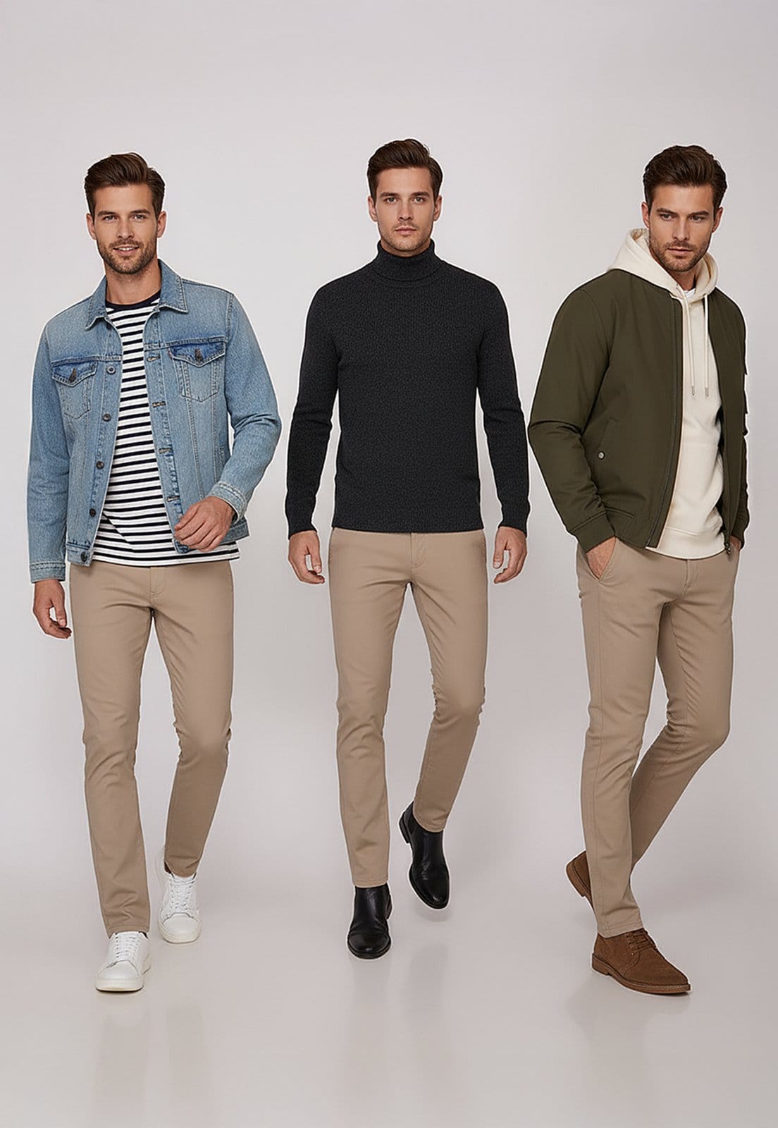 Vista 2 Calça Sarja Slim Fit Masculina Elastano Conforto Estilo e Versatilidade Macaw bege