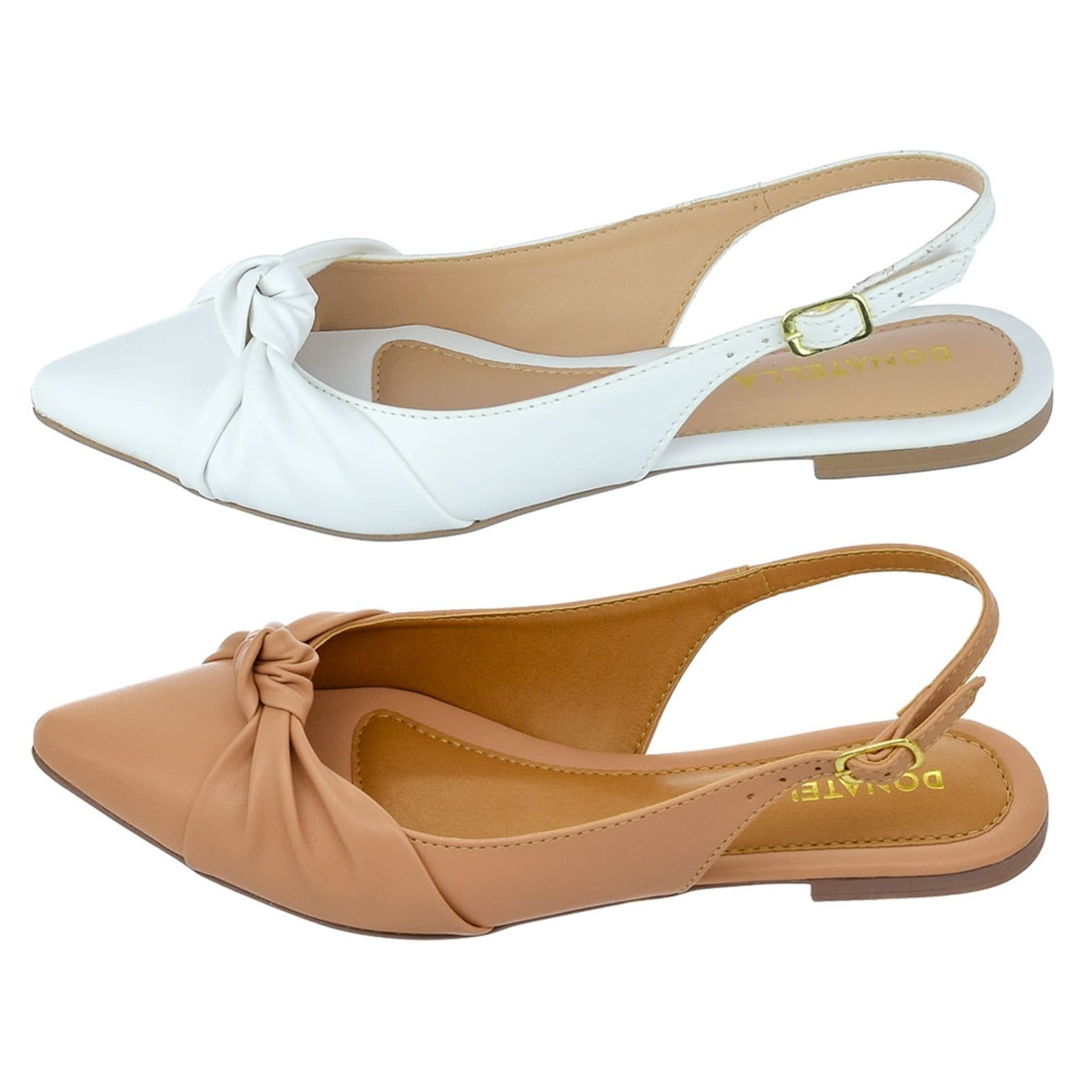 Kit 2 Pares Mule Feminino Sapatilha Bico Fino Donatella Shoes Rasteira Slingback Nó Nude e