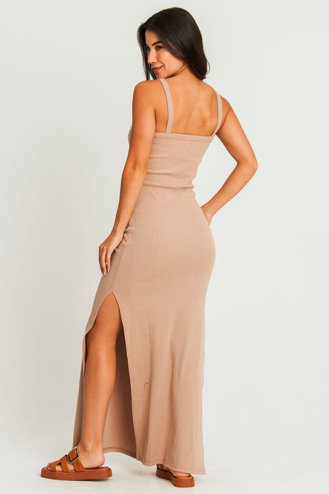 Vista 2 Vestido Longo Canelado Fenda Polo Wear Claro Polo Wear bege