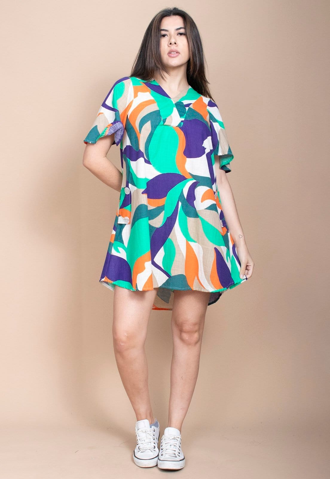 Vestido Curto Cabanafree Pataxô Viscose Mullet Decote V Brisa do Mar