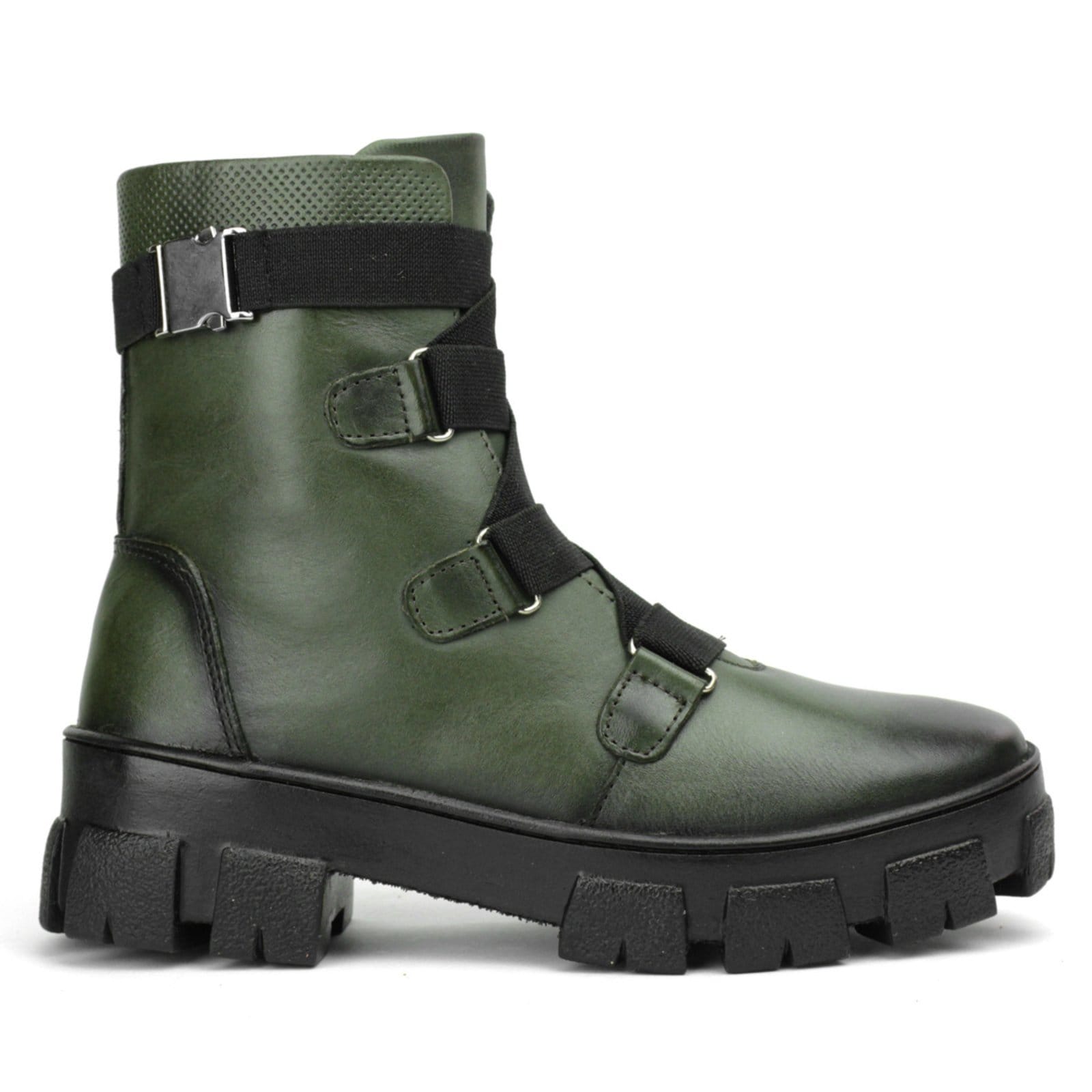 Coturno Couro Militar Feminino Solado Tratorado Cano Médio Elásticos Ajustáveis Casual Verde