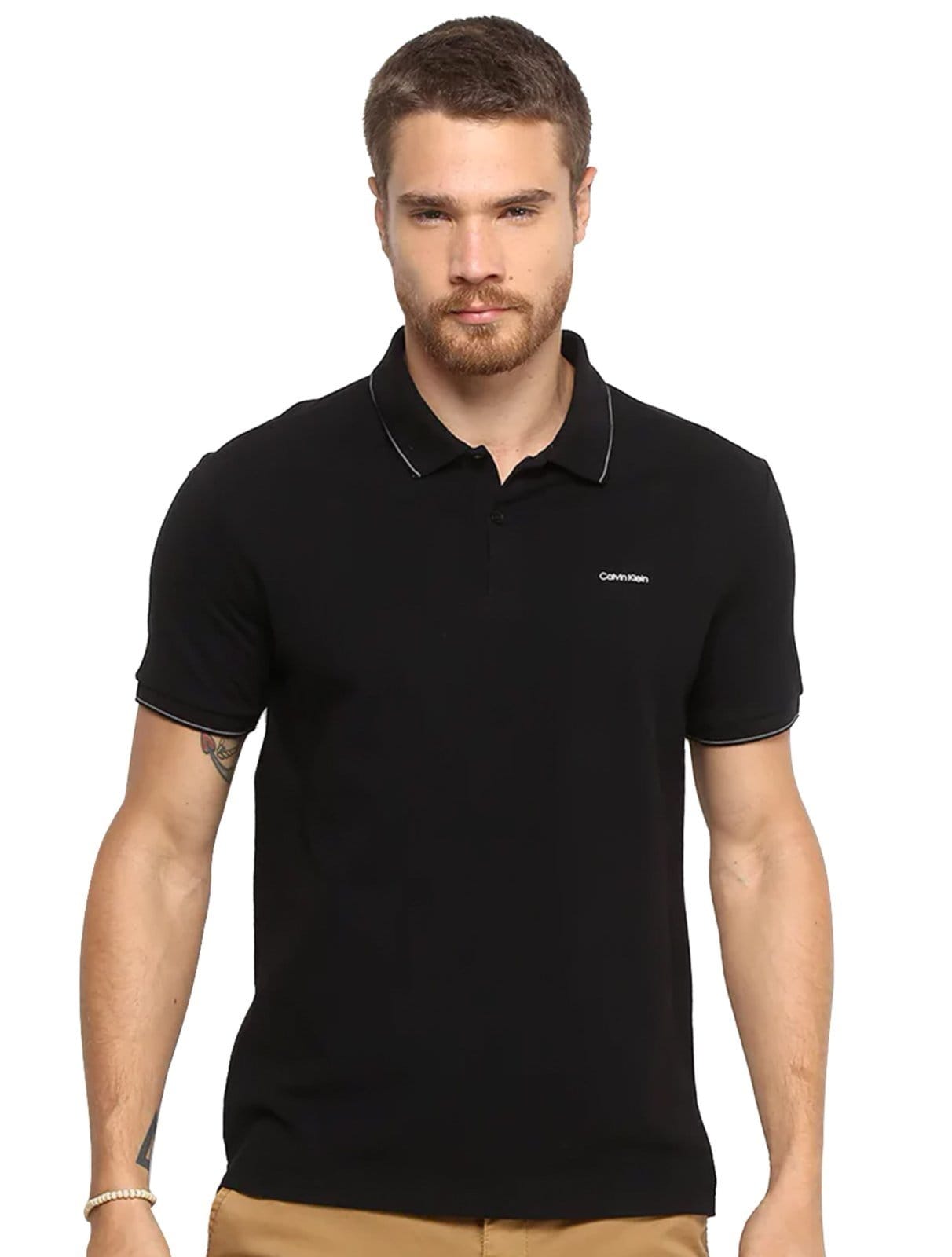 Polo Calvin Klein Masculina Piquet Slim Básica Relevo Preta