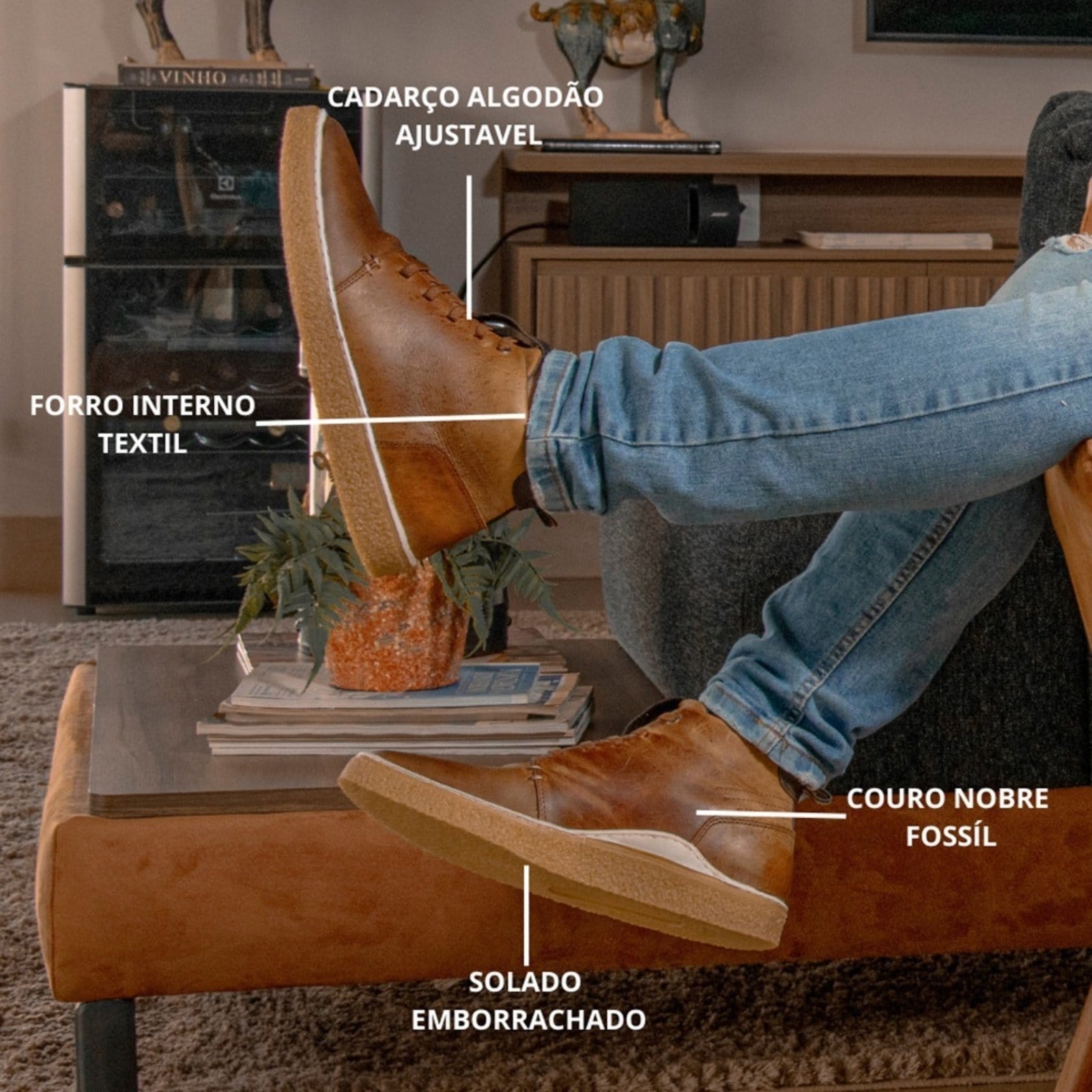 Vista 2 Coturno Masculino Bota Casual Couro Legítimo Conforto Sola Borracha Leve Mostarda super shoes marrom