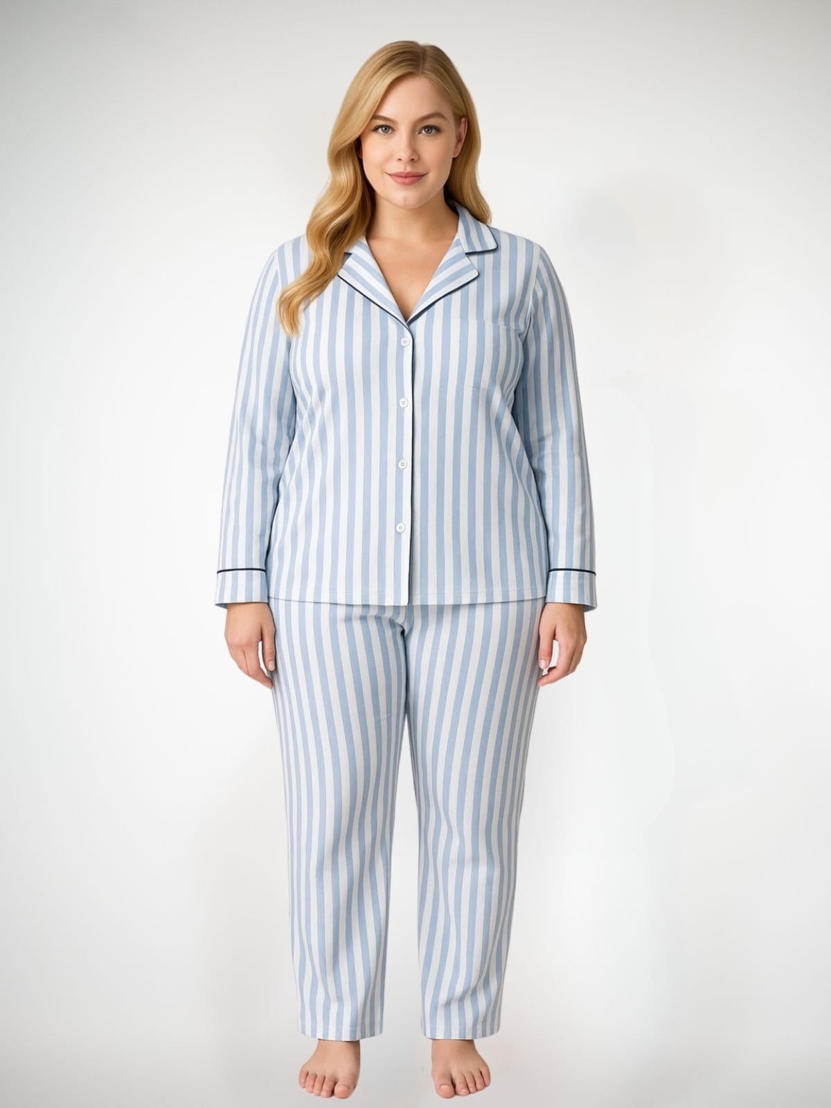 Pijama Algodão Plus Size Americano Longo Amanda - Listrado