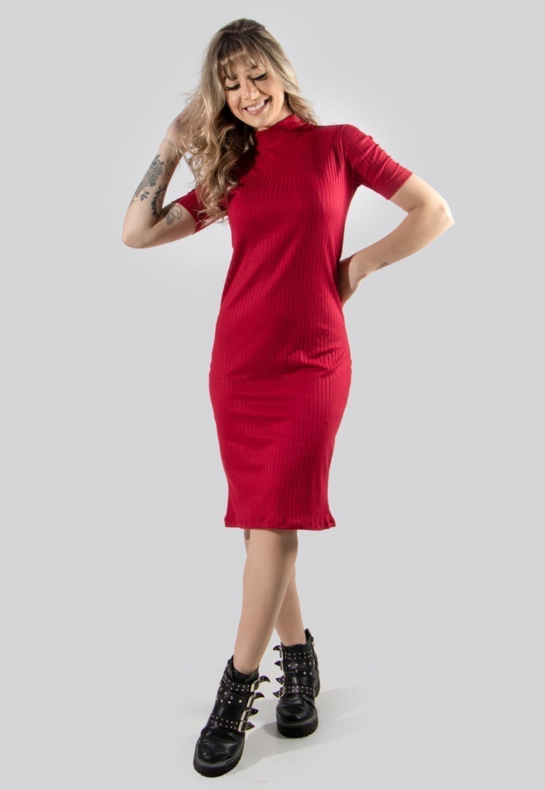 Vista 2 Kit 3 Vestido Midi Canelado Tubinho Feminino WLS Modas Gola Alta WLS Modas multicolorido