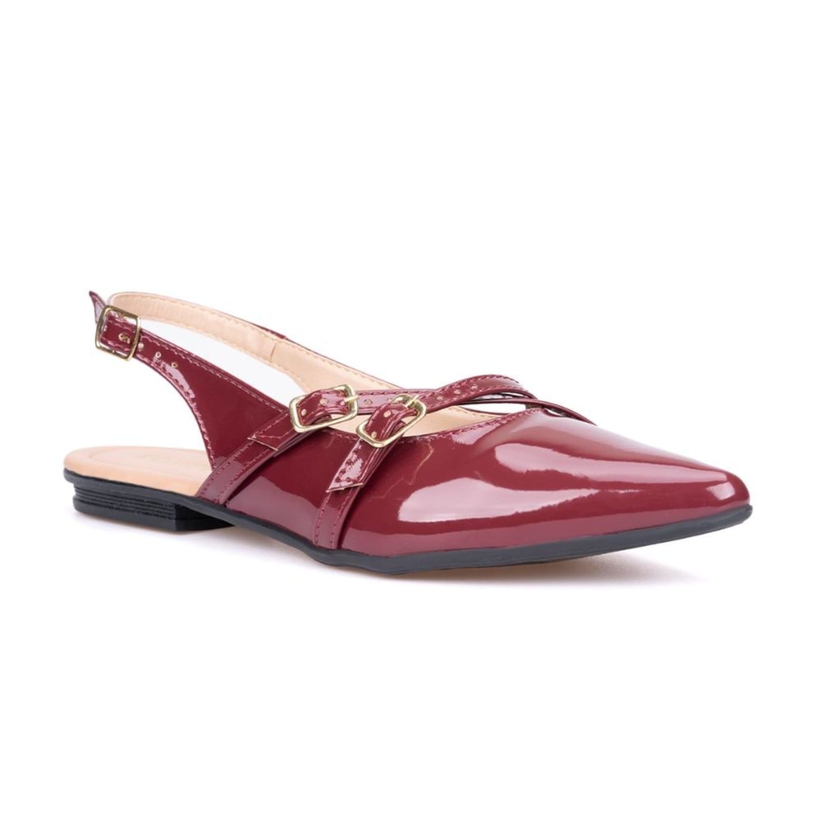 Sapatilha Feminina Slingback Em Verniz Bico Fino Com Fivelas