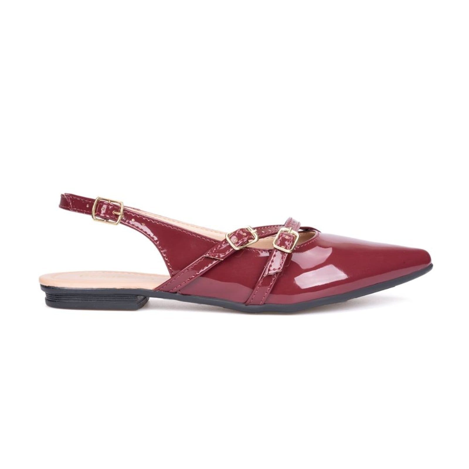 Sapatilha Feminina Slingback Em Verniz Bico Fino Com Fivelas - 2