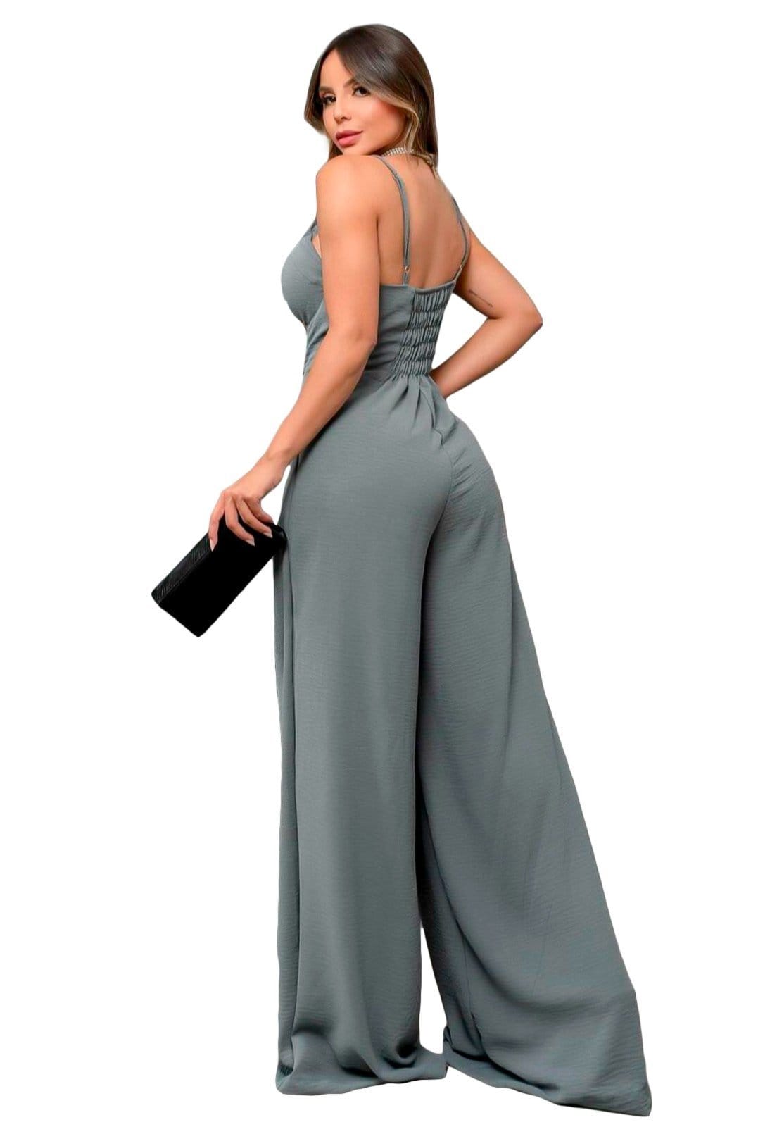 Vista 2 Macacao Ywc Ind Crepe Longo Alcinha Detalhe Botões Social Barra Flare Preto escuro YWC ind cinza