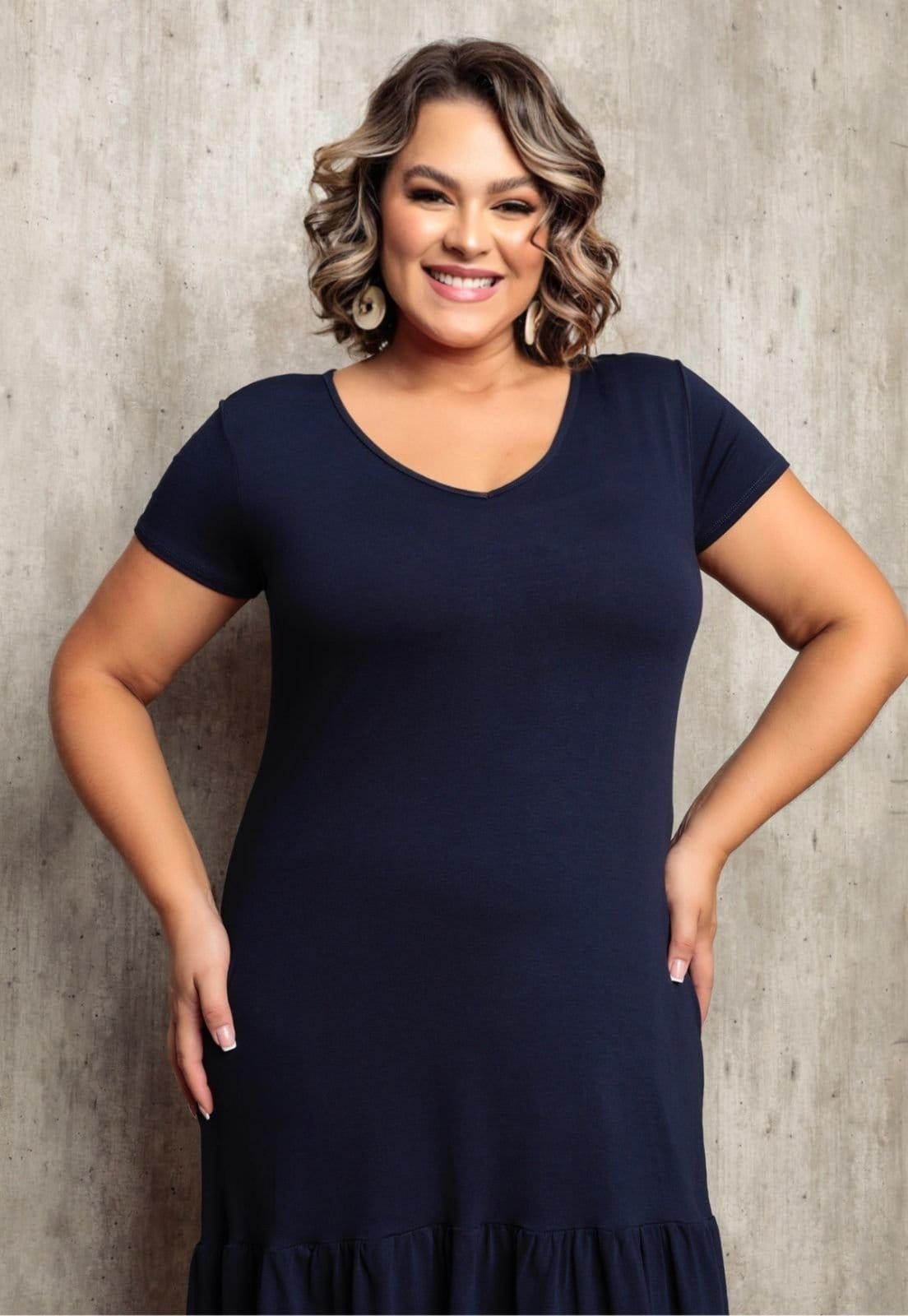 Vista 2 Vestido Feminino Fashion Curto Midi Manga Curta com BabadoTecido Premium Docce Mulher azul