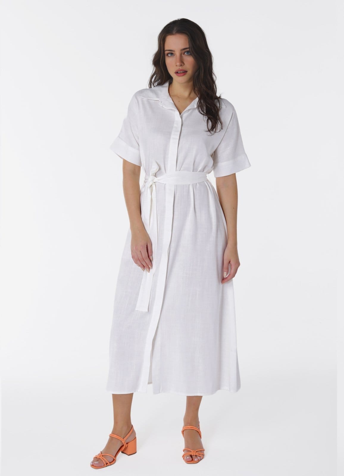 Vista 2 Vestido Longo de Linho Chemise Manga Curta SOB branco