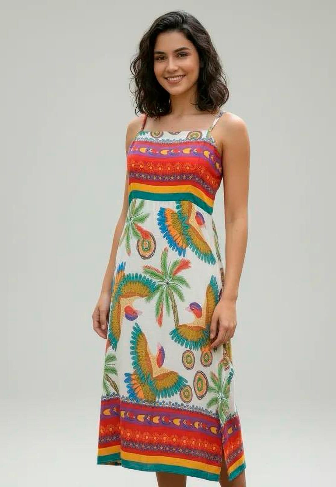 Vestido Amazonia Vital Midi Alça Fina Estampa Paraíso Livre