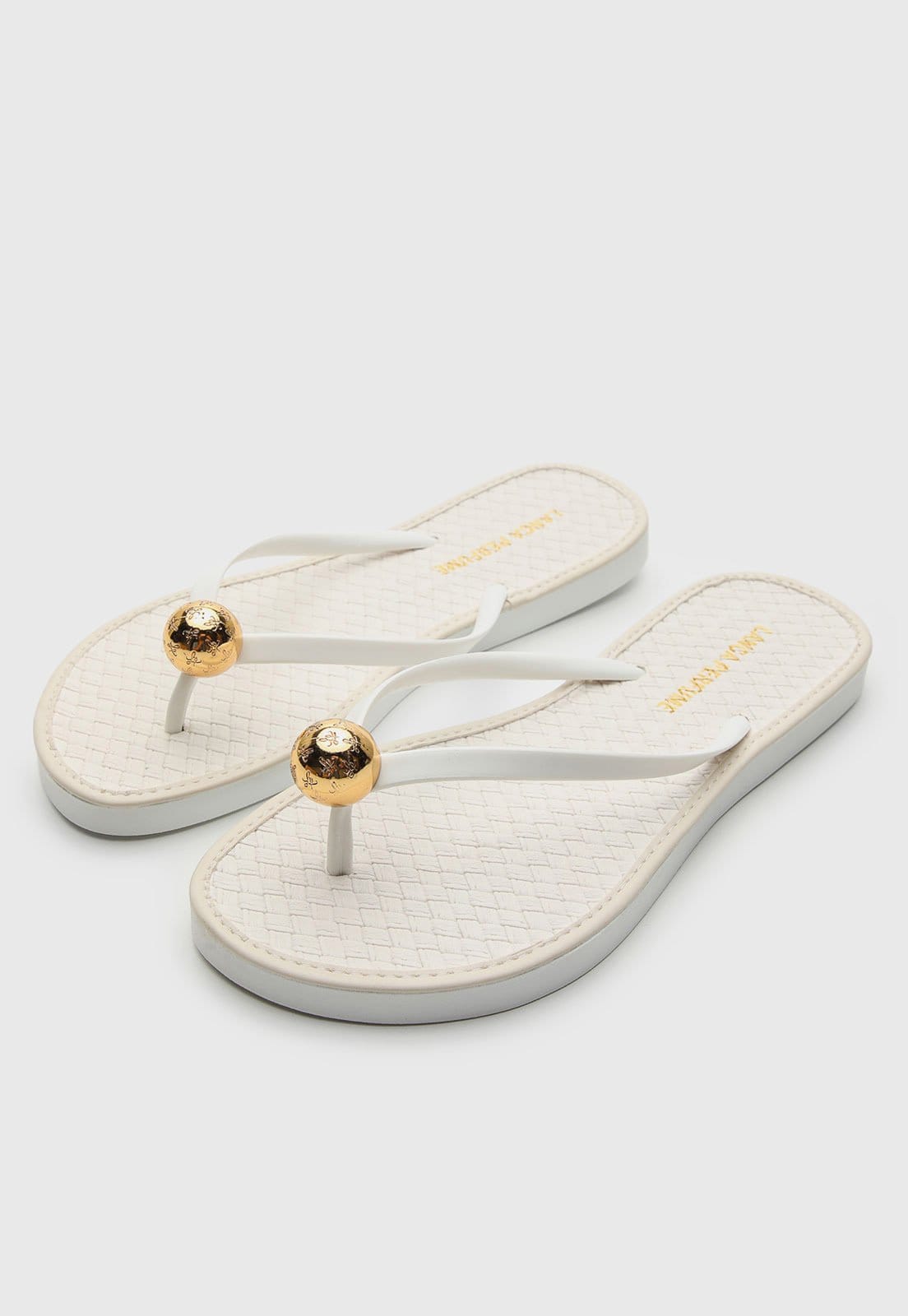 Vista 2 Chinelo Feminino Lança Perfume Esfera Dourada Lança Perfume branco