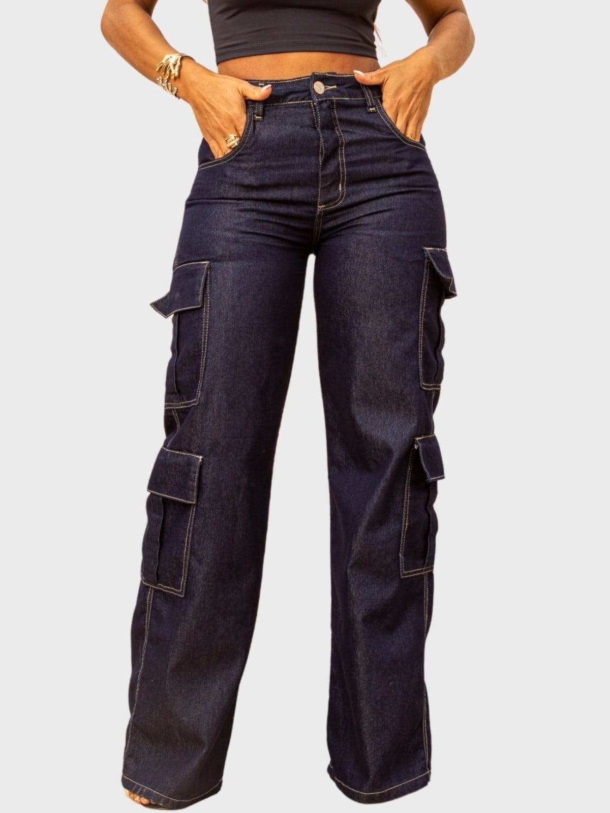 Calça Feminina Jeans Escuro Cargo Cintura Alta Wide Leg