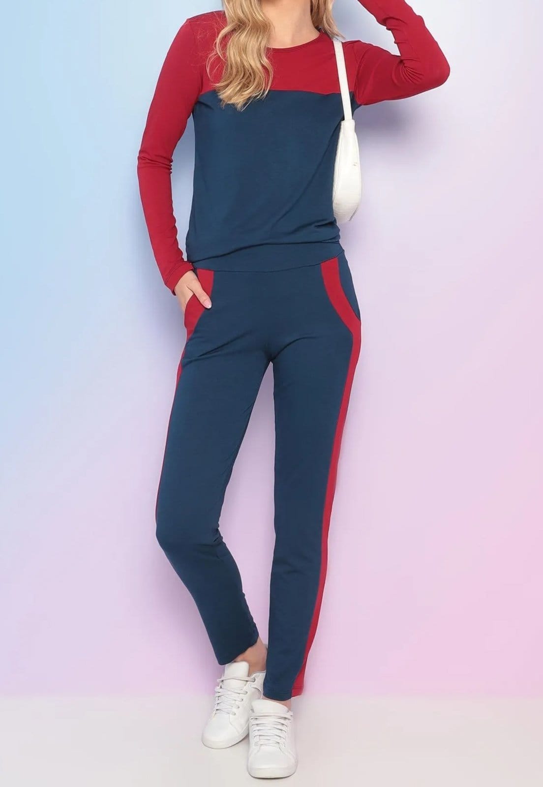 Conjunto Viscolycra Maria Paes Calça e Blusa Manga Longa Marinho e