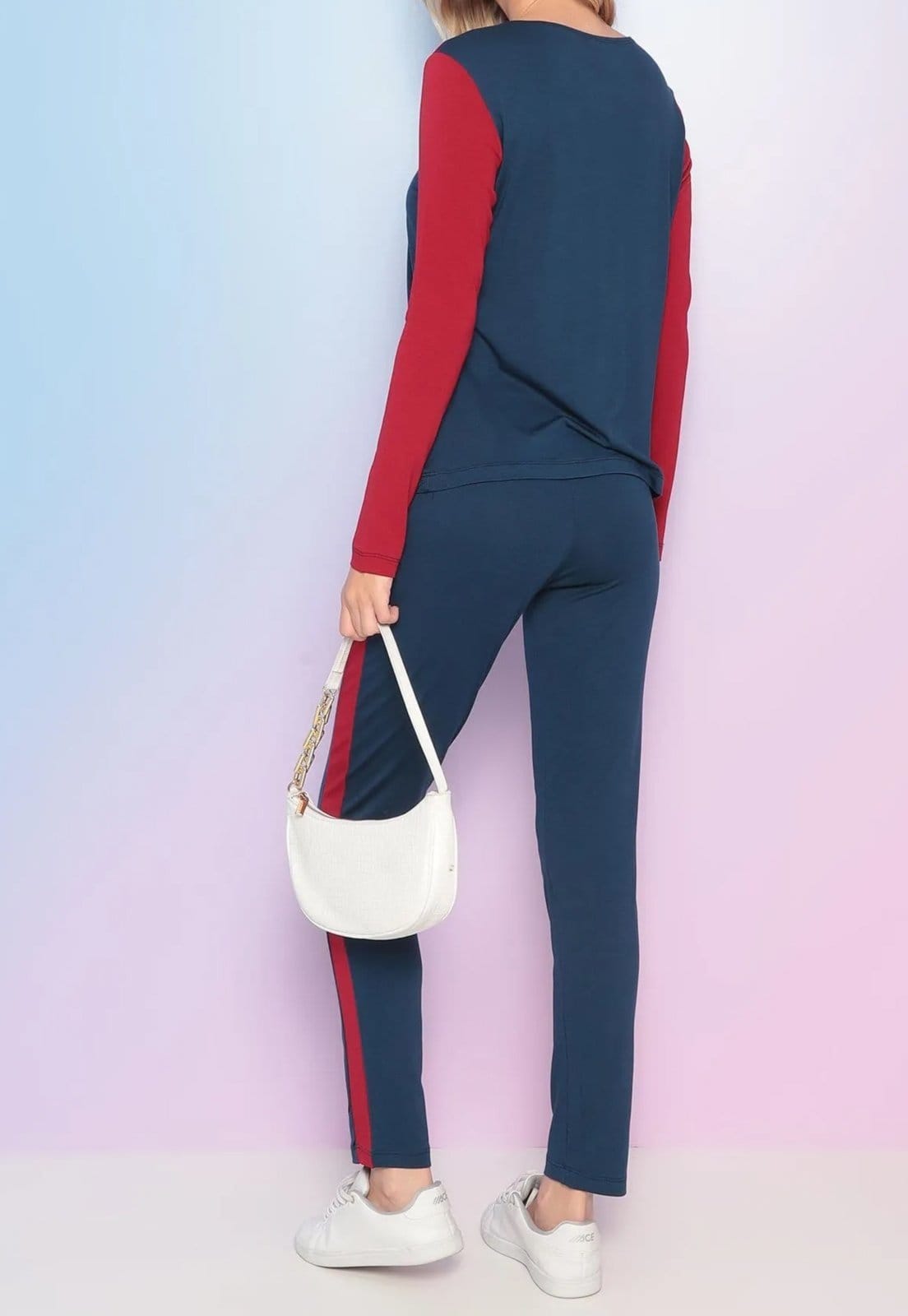 Vista 2 Conjunto Viscolycra Maria Paes Calça e Blusa Manga Longa Marinho e Maria Paes vermelho