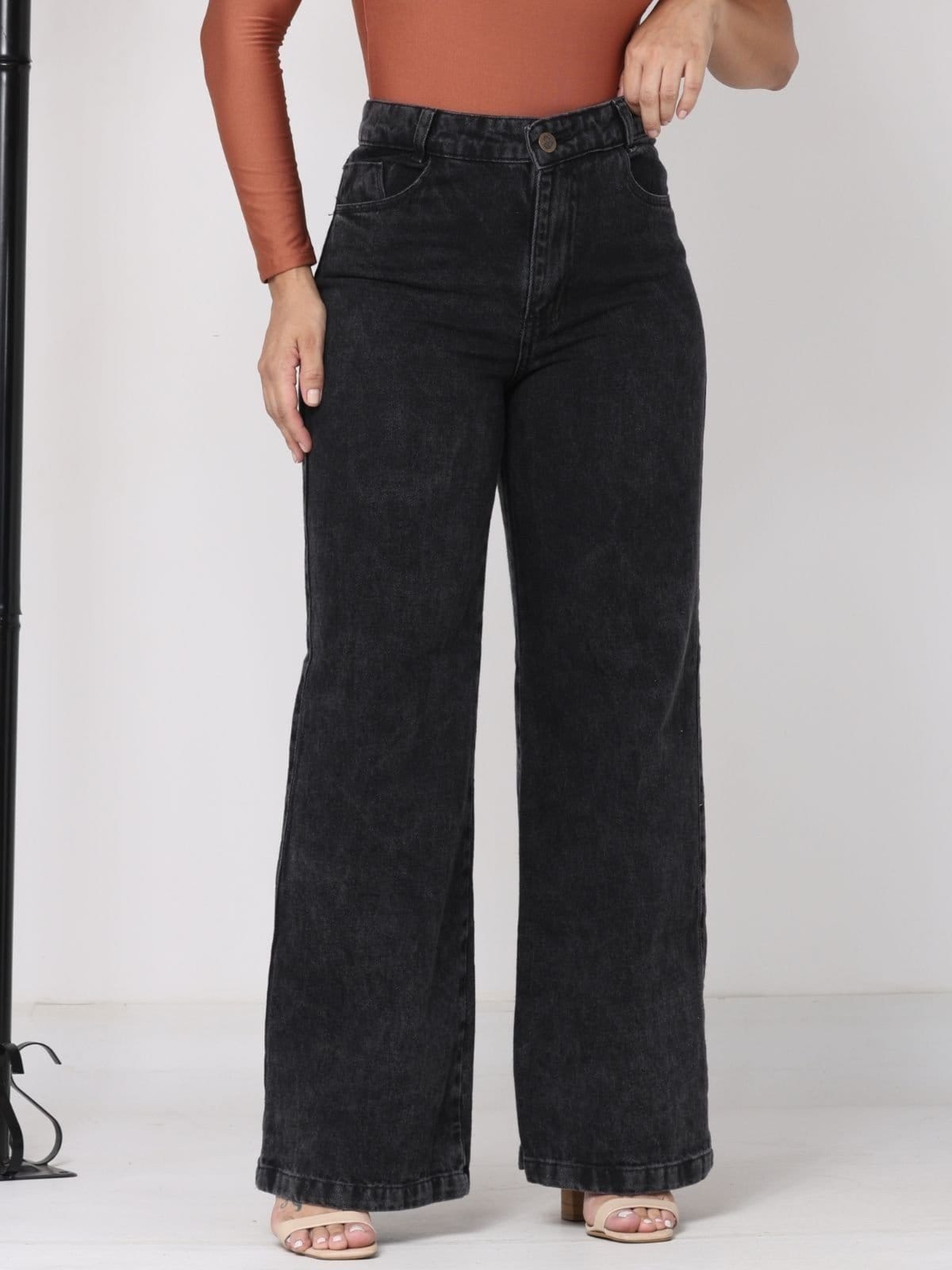 Calça Jeans Donna De Paula Wide Leg Cinza Pantalona Feminina Cintura Alta