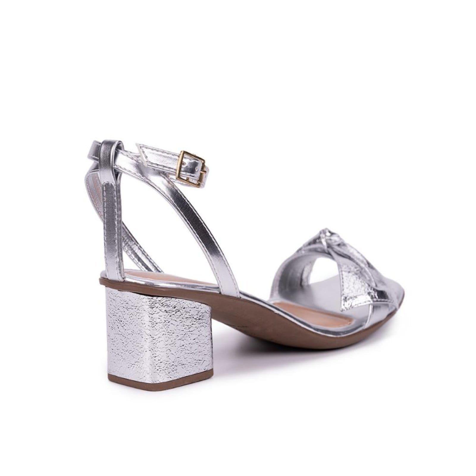 Vista 2 Sandália Feminina Salto Grosso Laço Textura Brilhante Moda Domidona prata
