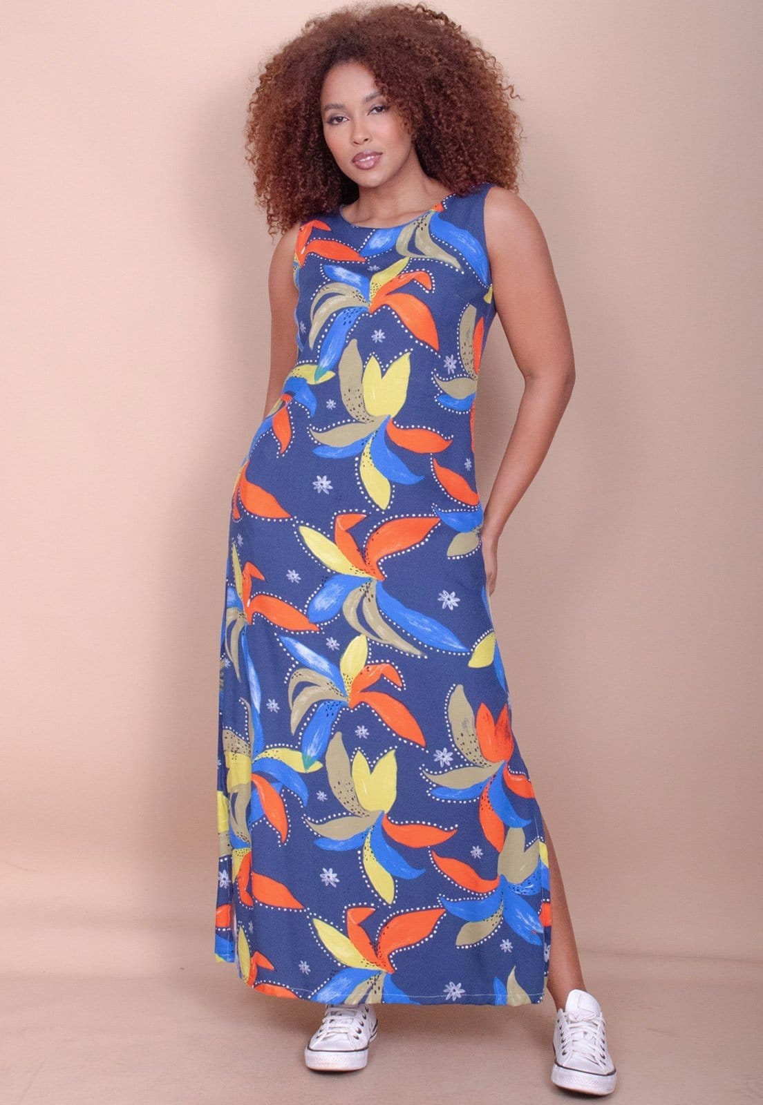 Vista 2 Vestido Longo Cabanafree Plano com Bolso Estampa Maré Vibrante Cabanafree azul/cinza/estampado/laranja