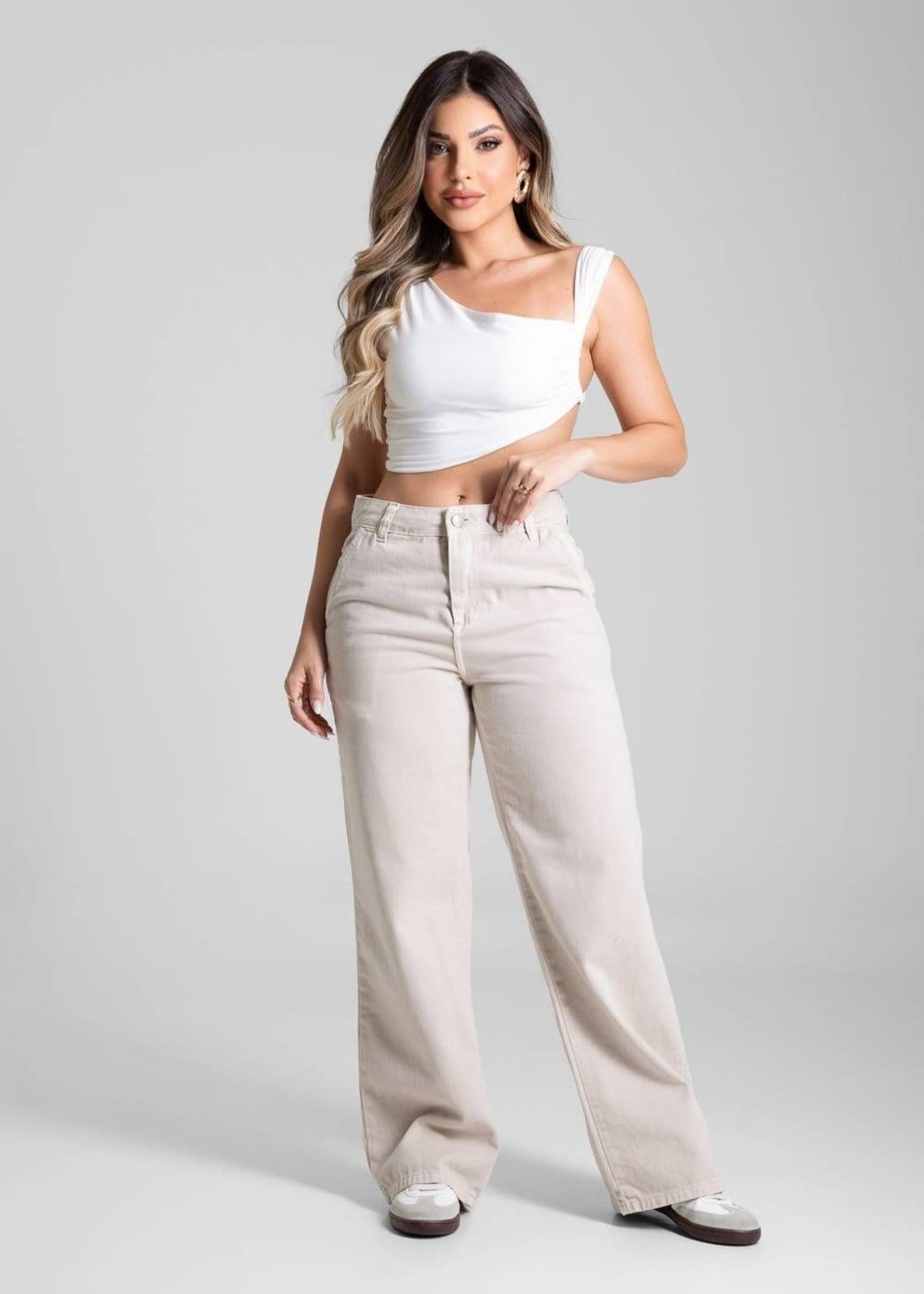 Vista 2 Calça Sarja Sawary Wide Leg Petit - 281366 Sawary bege