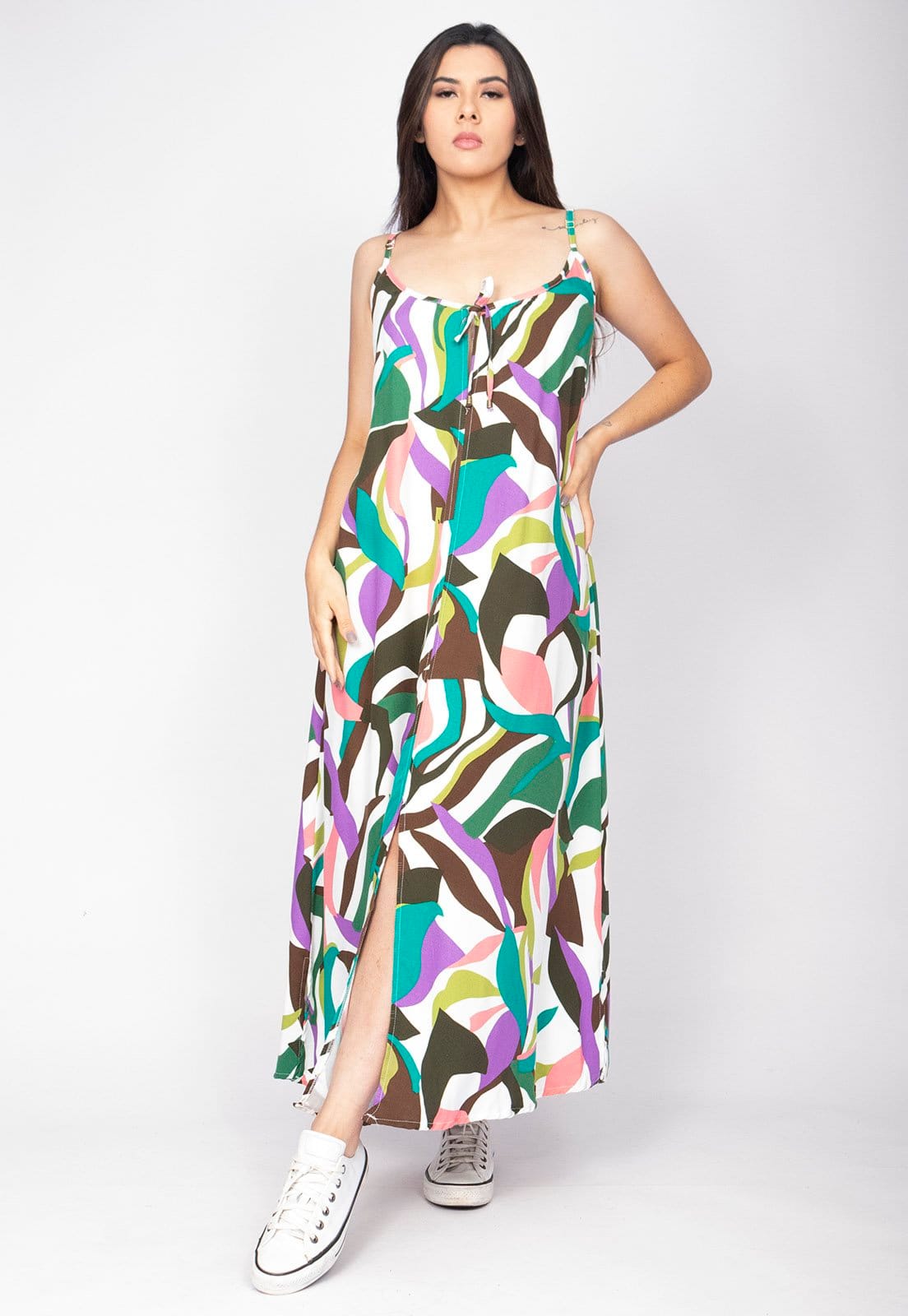 Vista 2 Vestido Longo Cabanafree Caçuá Viscose Alça Fina Estampa Encanto Botânico Cabanafree amarelo/estampado/laranja/verde