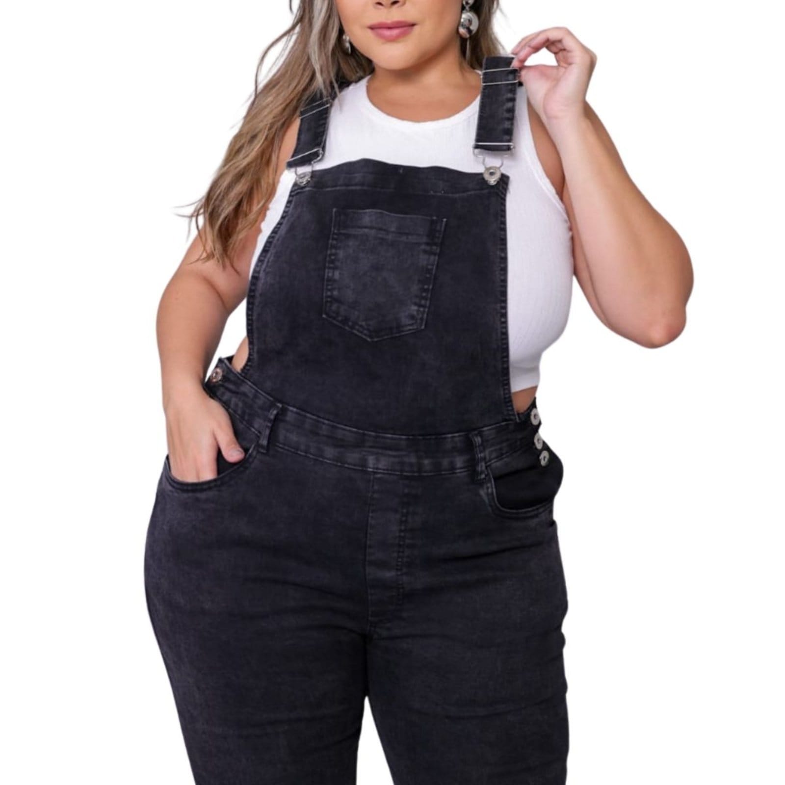 Macacão Jardineira Manchado Feminino Jeans Loka Plus Size