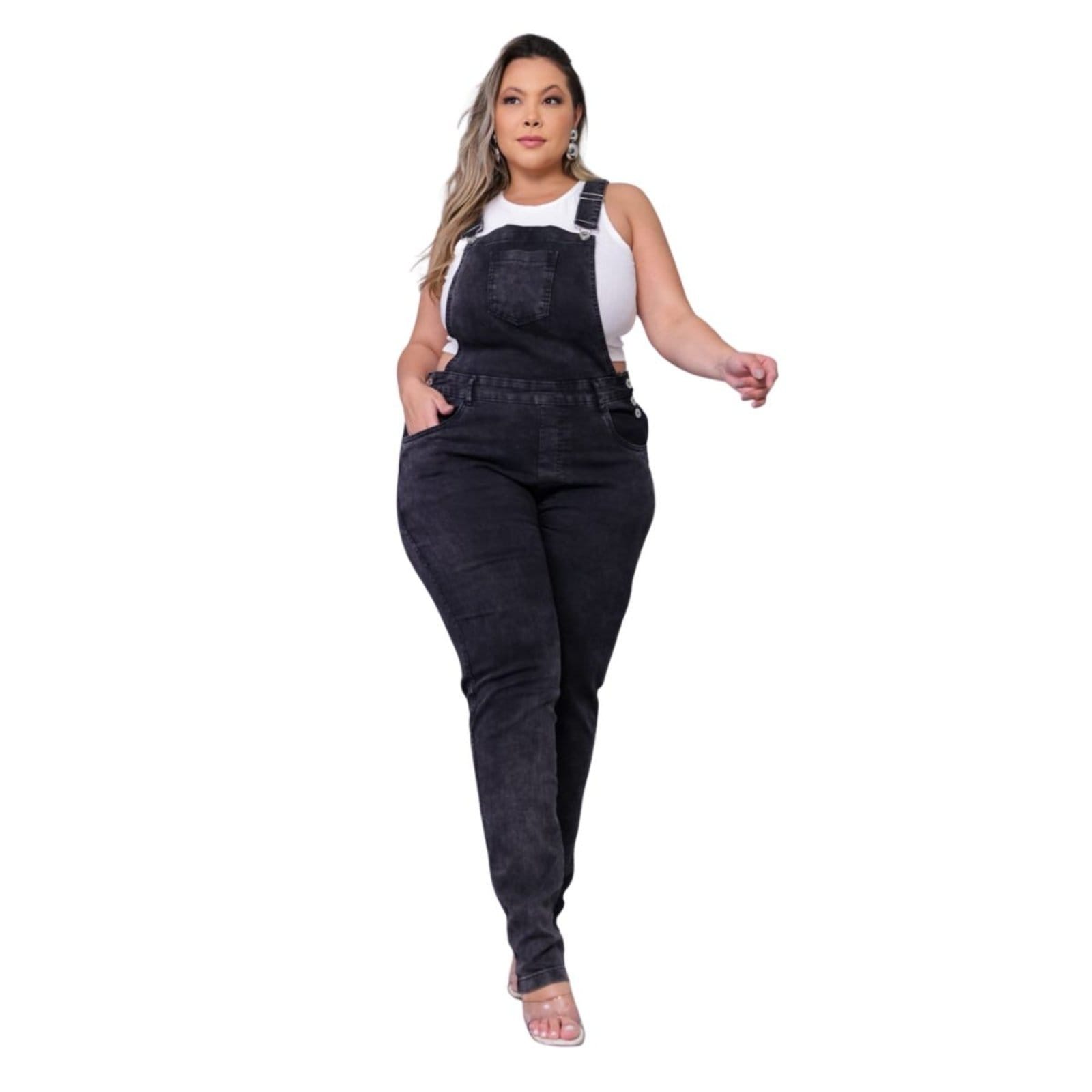 Vista 2 Macacão Jardineira Manchado Feminino Jeans Loka Plus Size Jeans Loka preto