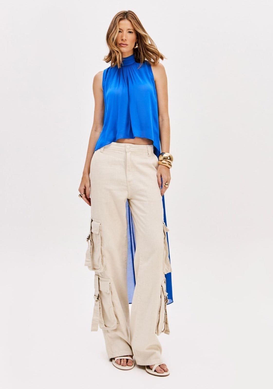 Calça Sarja Full Length Com Linho