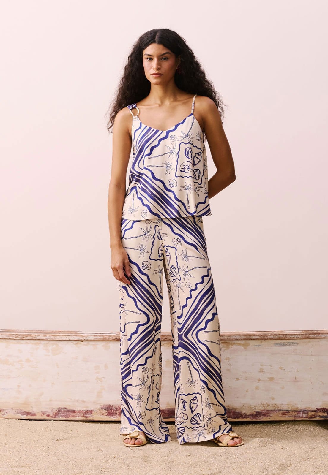 Calça CaCay Pantalona Estampada Off-White