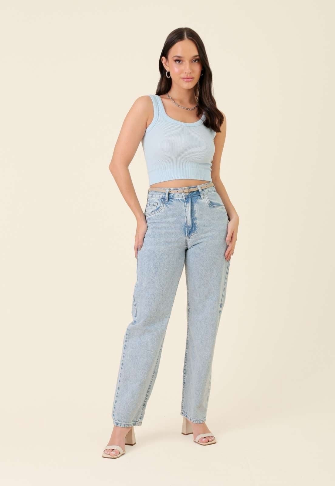 Calça Pop Me Mom Jeans Claro Com Cinto Claro