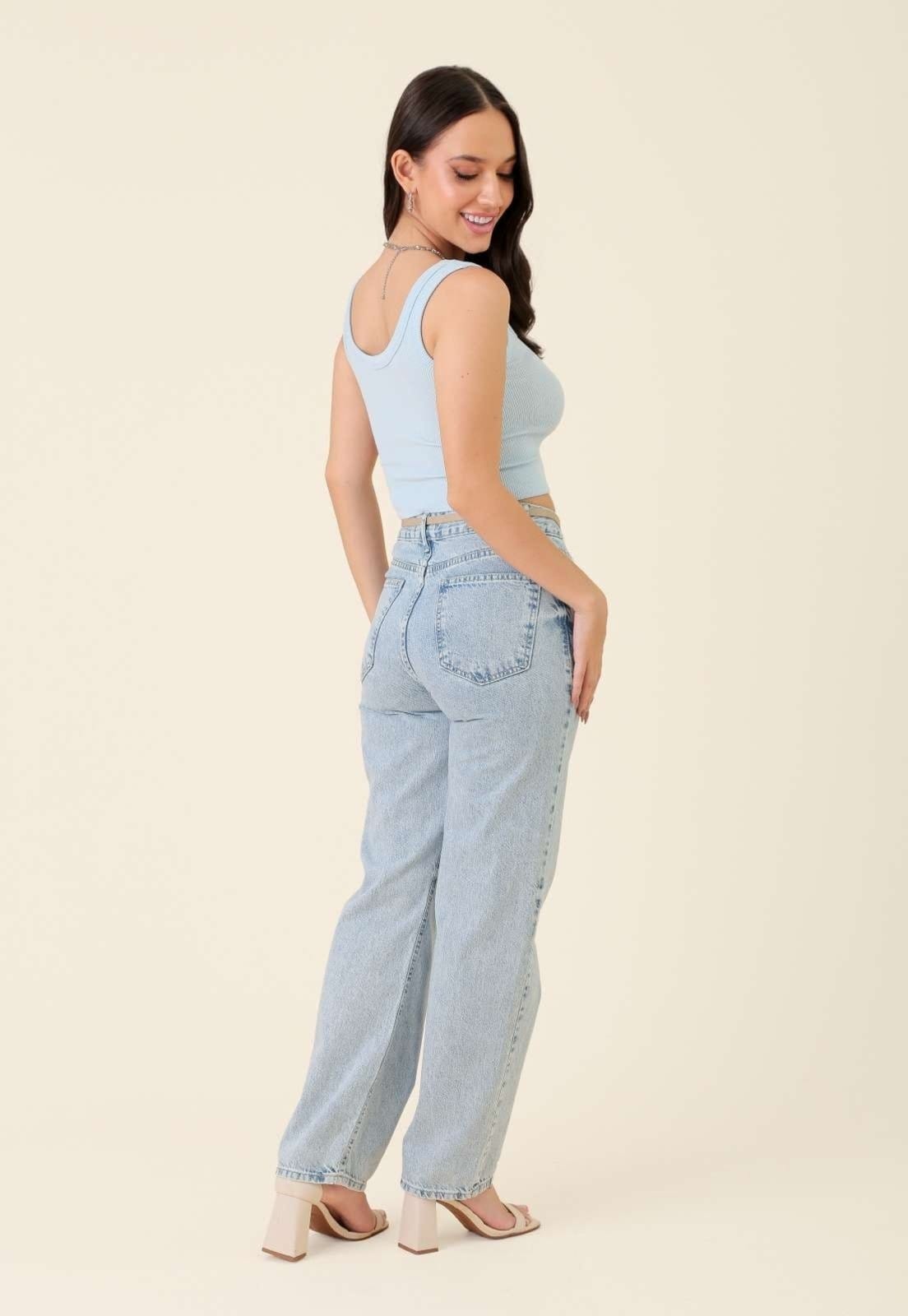 Vista 2 Calça Pop Me Mom Jeans Claro Com Cinto Claro Pop Me azul