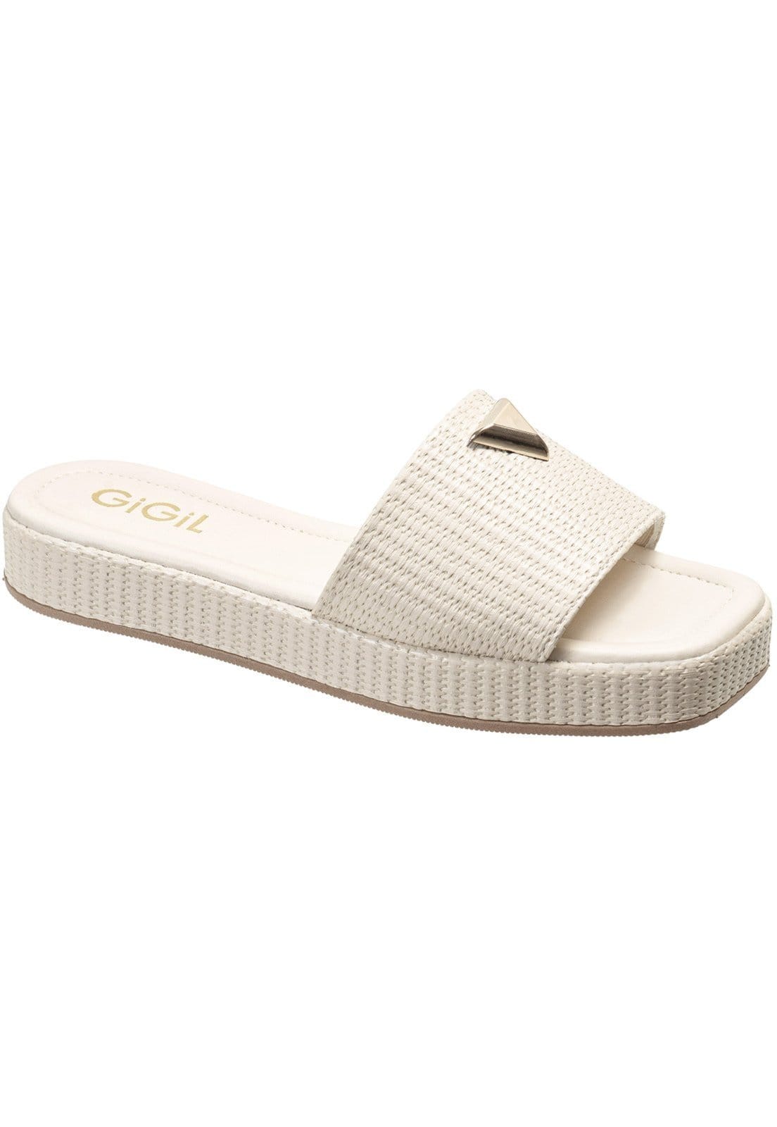 Vista 2 Rasteira Tamanco Feminino GiGiL Flatform Baixo Detalhe Triangulo Metalizado Papete Juta Tressê Off White Gigil branco white