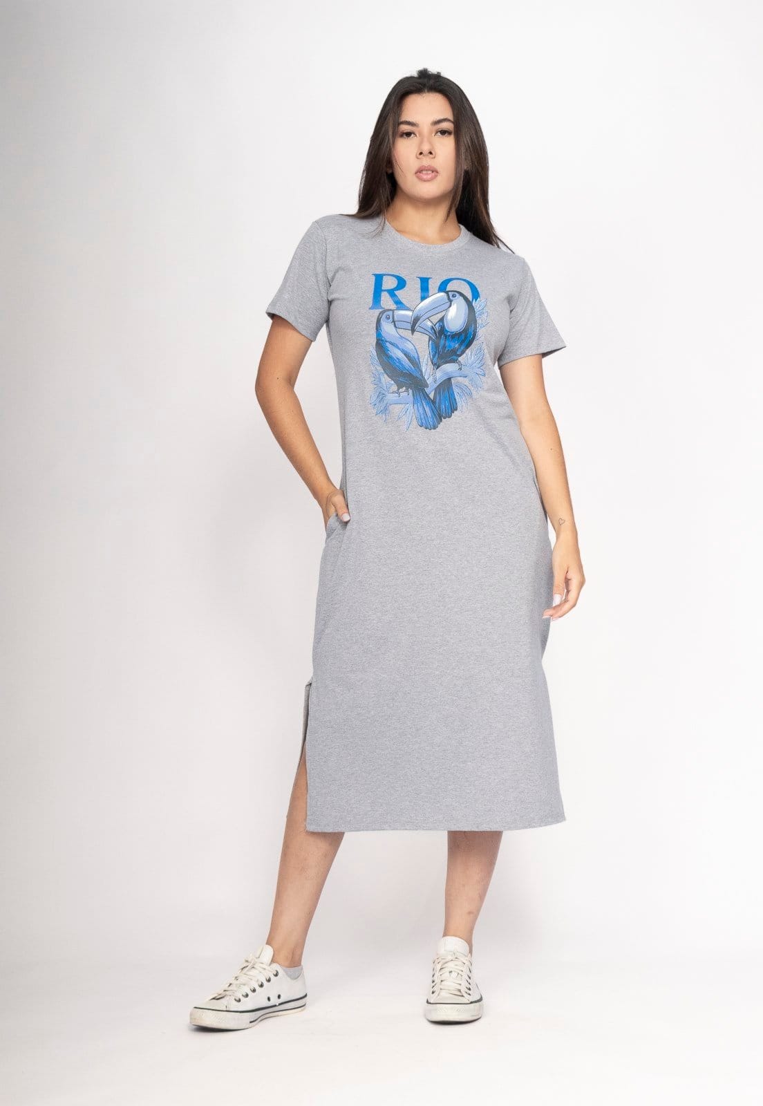 Vista principal Vestido CabanaFree Midi Algodão Manga Curta Araras RIO Pedra do Rio Cabanafree cinza