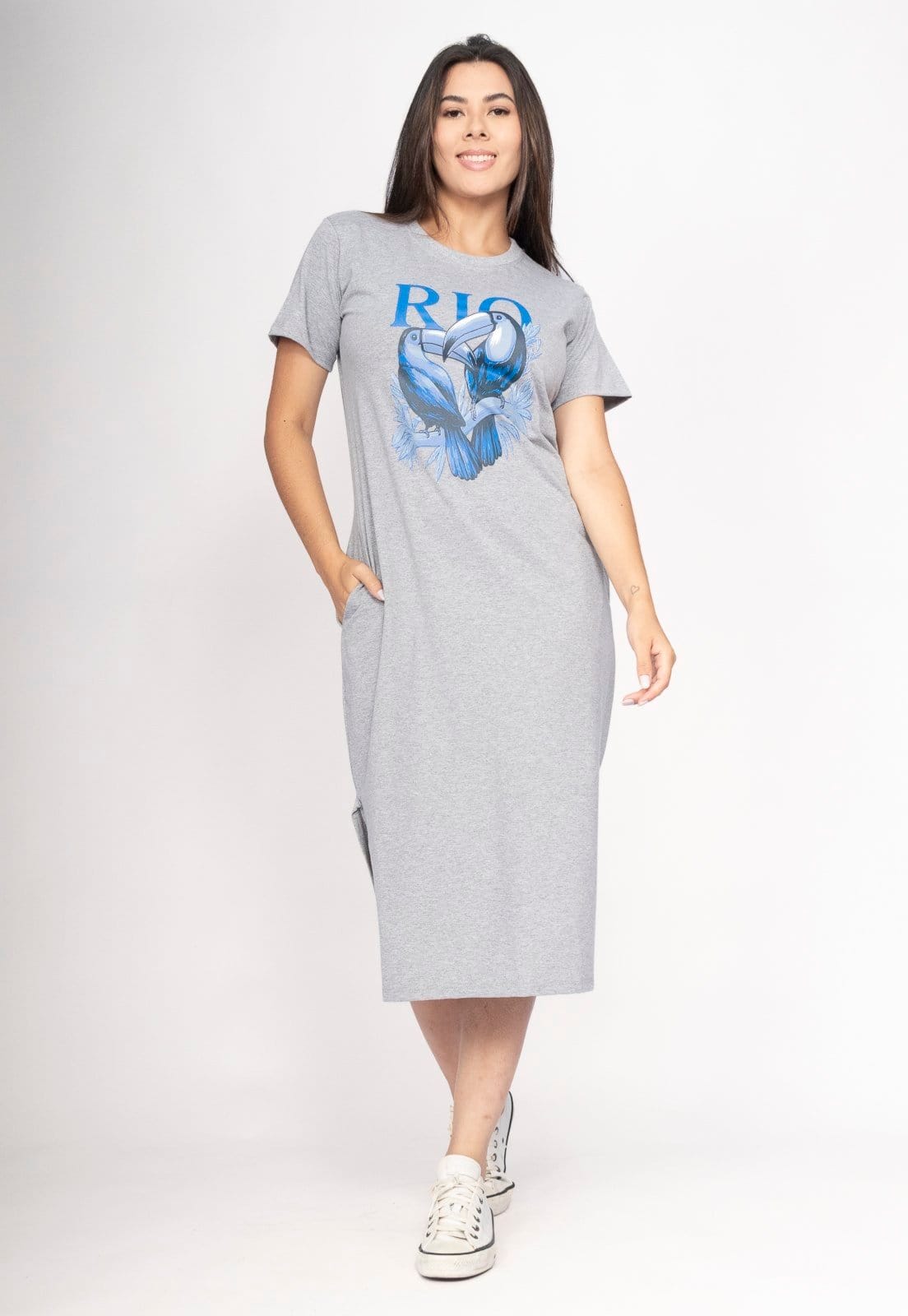 Vista 2 Vestido CabanaFree Midi Algodão Manga Curta Araras RIO Pedra do Rio Cabanafree cinza