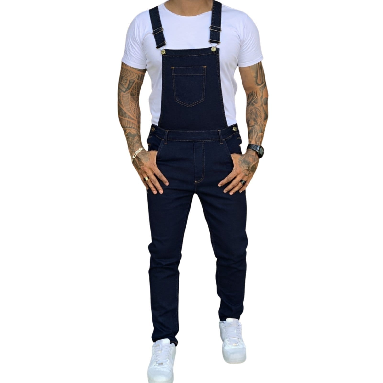 Macacão Jardineira Masculino Skinny Jeans Escuro