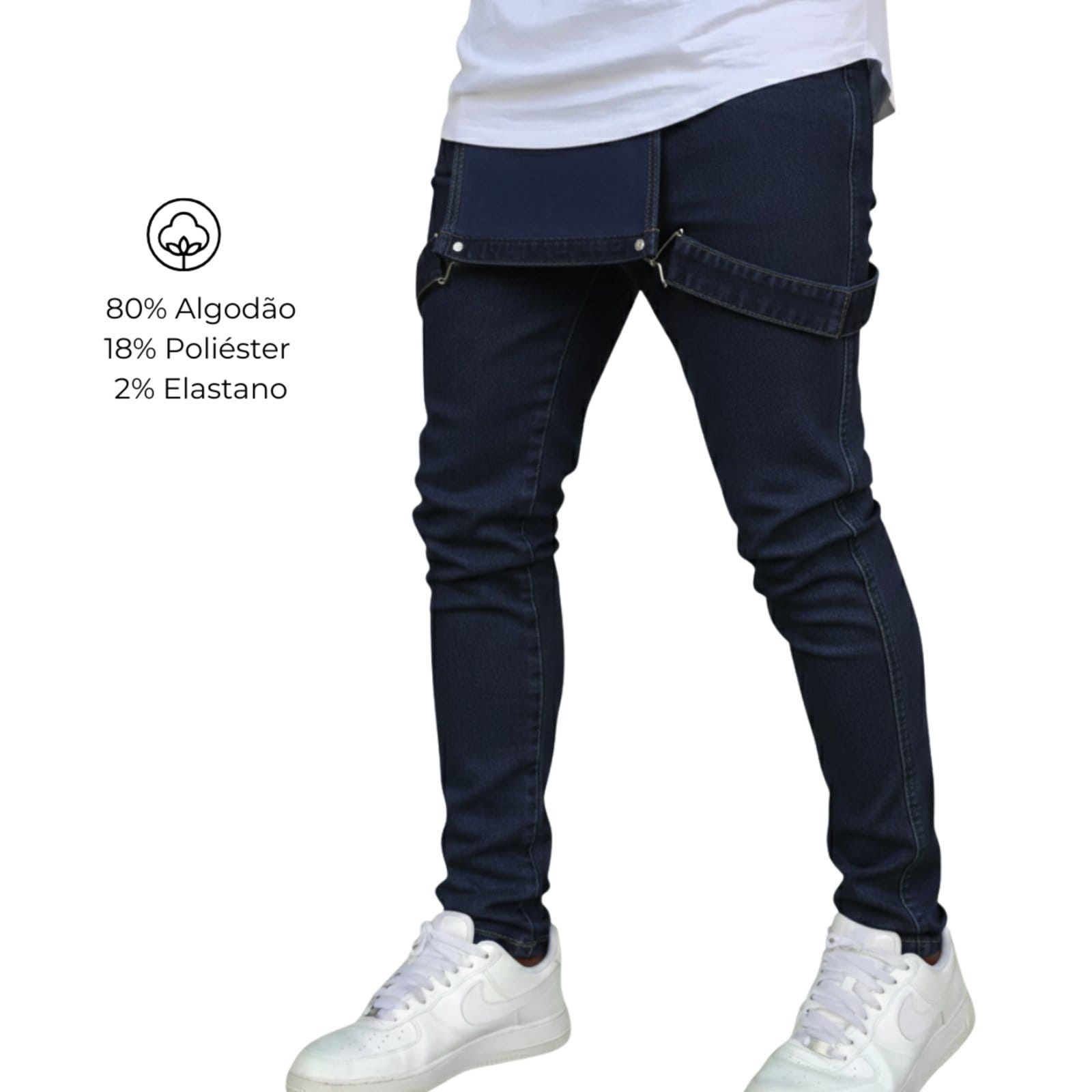 Vista 2 Macacão Jardineira Masculino Skinny Jeans Escuro JEANS LIGHT azul marinho