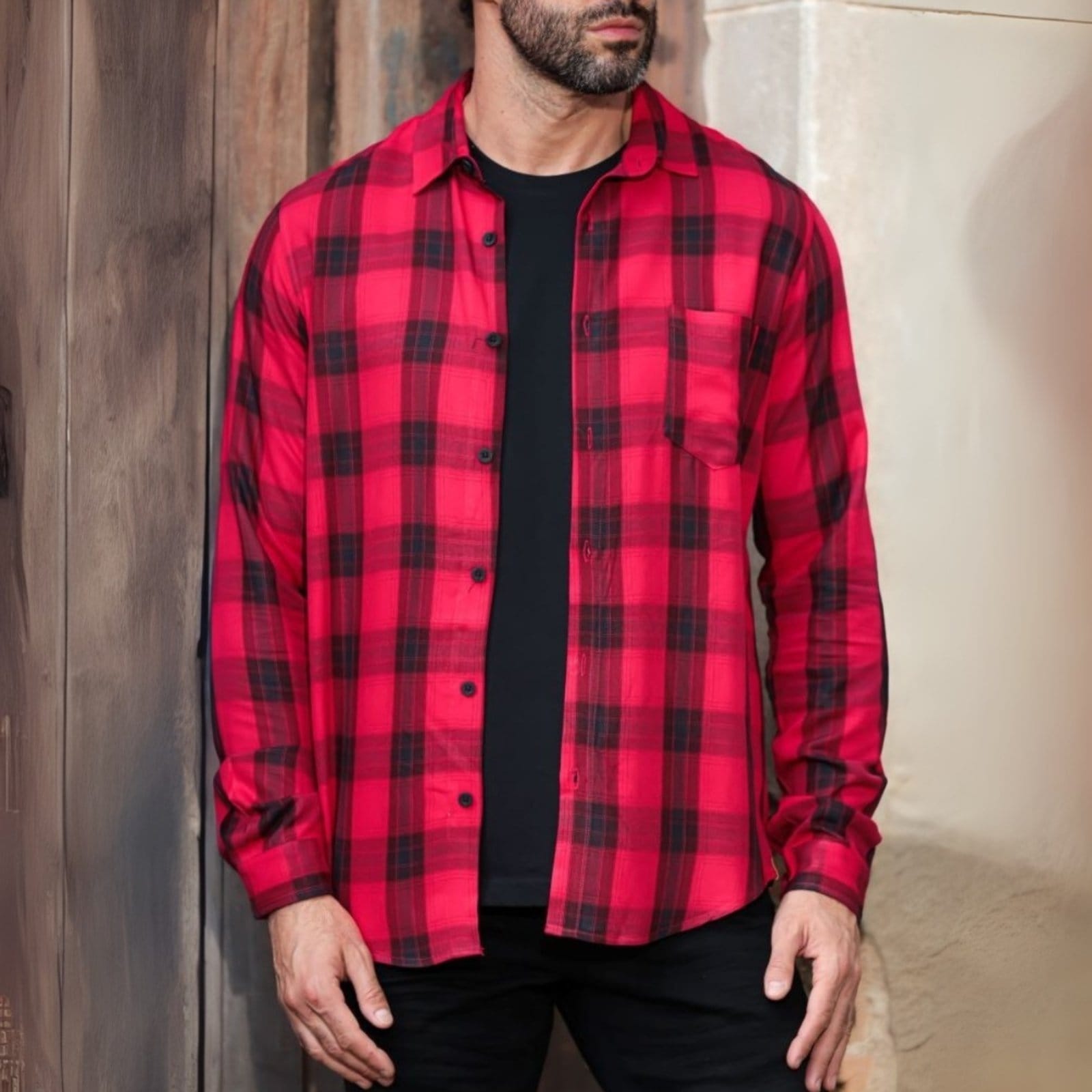 Vista 2 Camisa Manga Longa Xadrez Masculina Revanche Genebra Revanche vermelho