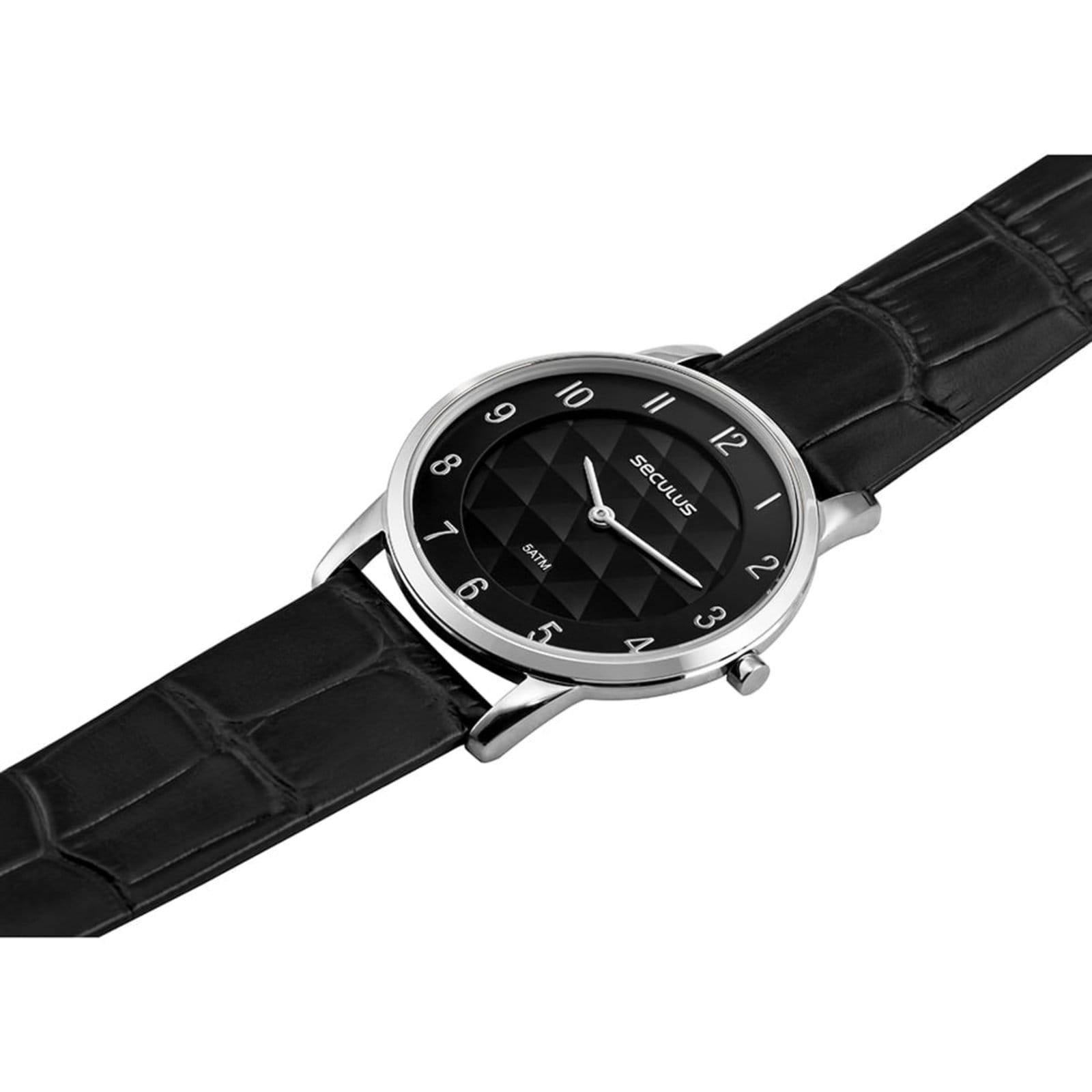 Vista 2 Relógio Masculino Slim Couro Croco Prata Seculus preto