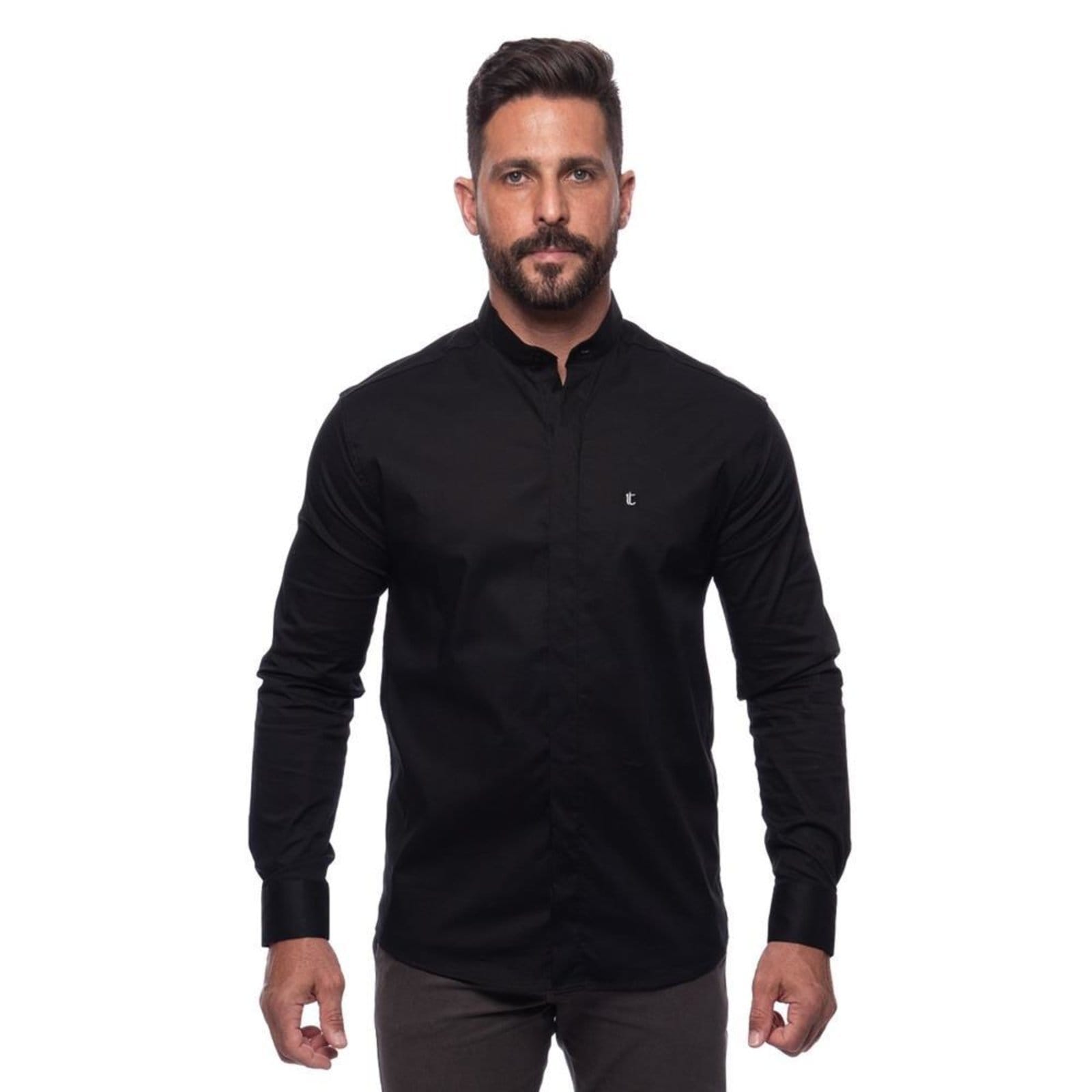 Camisa Masculina Acetinada Gola Padre Manga Longa Elastano Azul Claro Preto